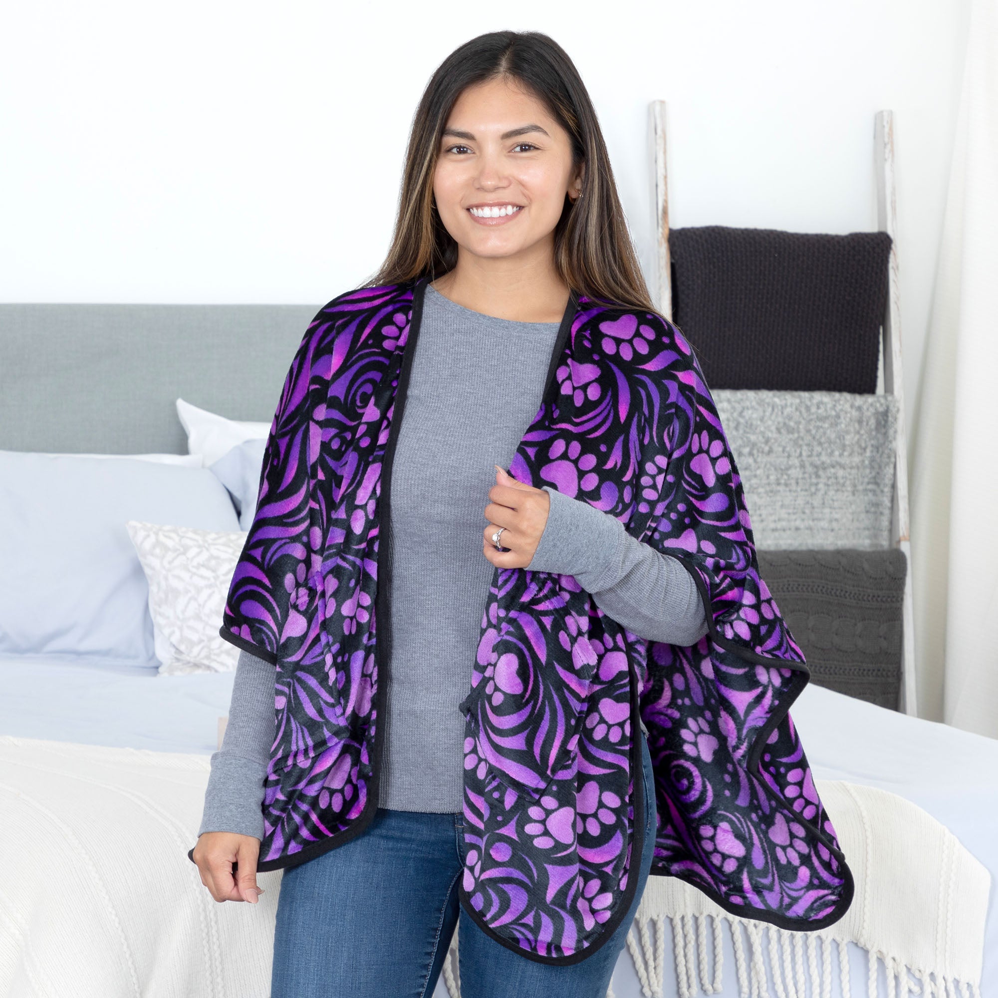 Ultimate Cozy Paw Print Fleece Shawl with Pockets