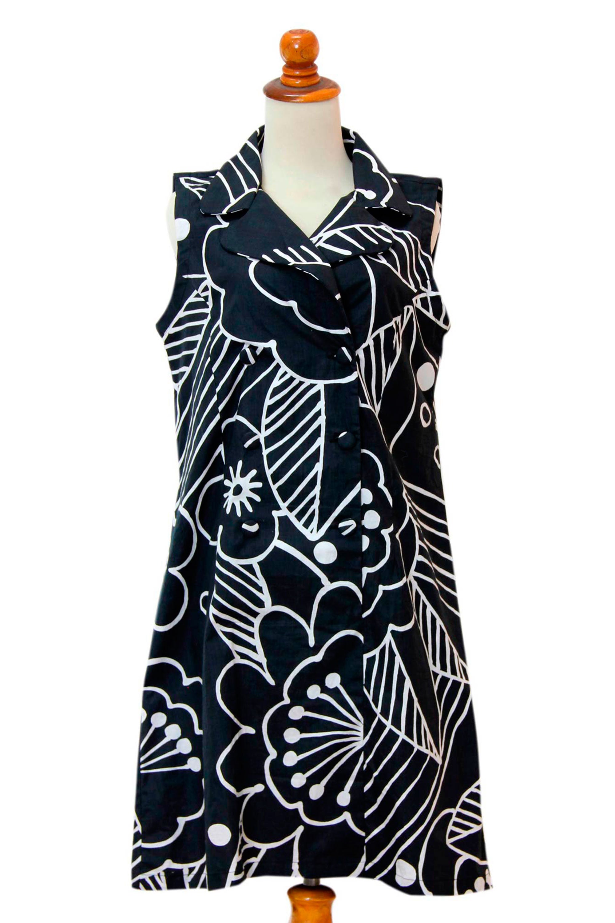 Premium Retro Balinese Wrap Shirtdress - Black & White Cotton Print