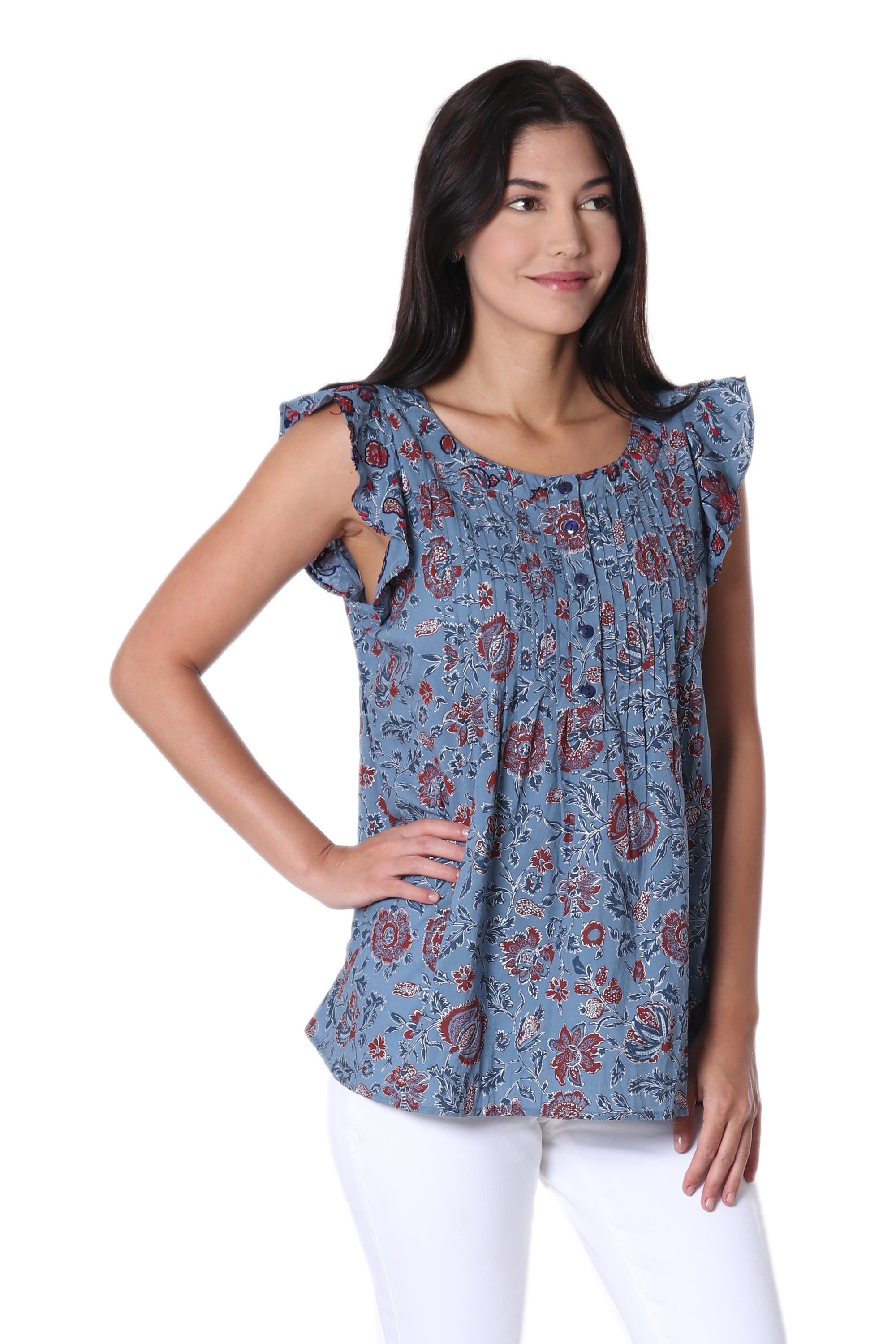 Premium Cerulean Floral Cotton Blouse by Shashi Sehagl