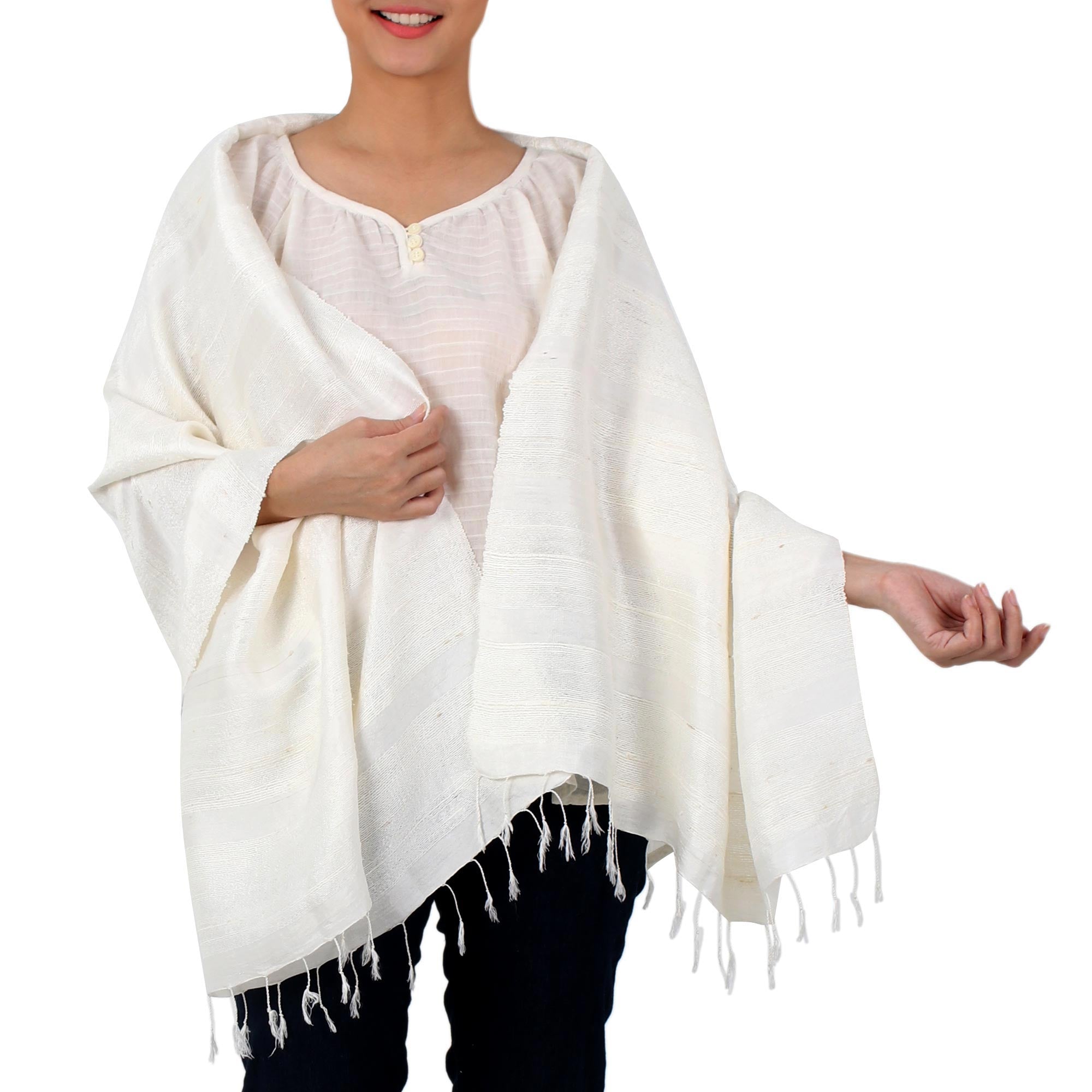 Premium Handwoven Ivory Silk Shawl with Fringes – Afternoon Breeze Collection