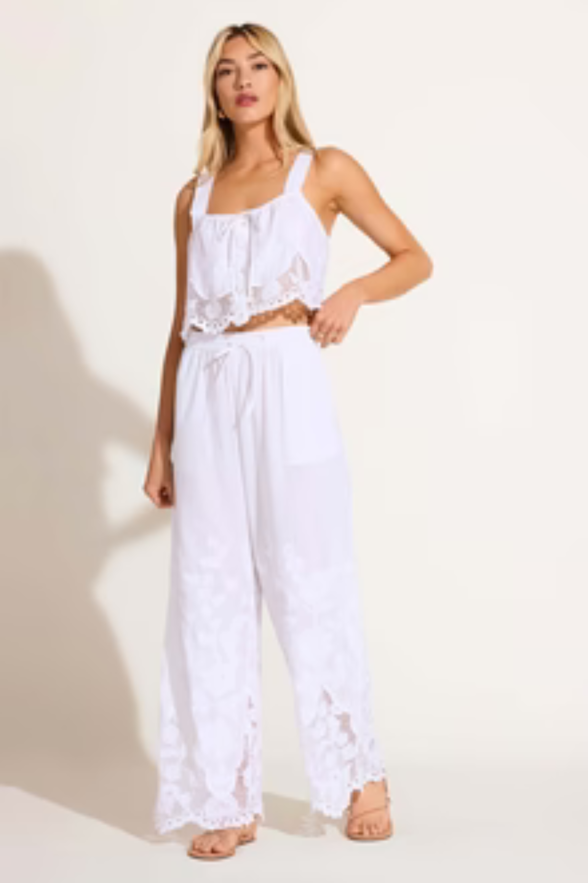 Premium Organic Cotton Flora Broderie Beach Pant - White