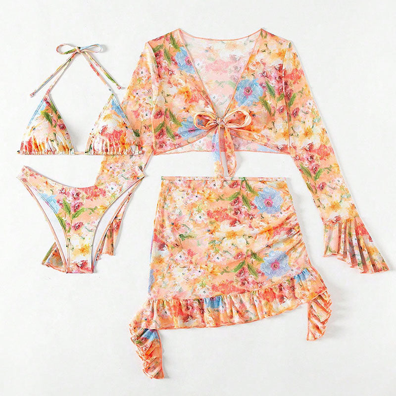 Ultimate Boho Floral Four-Piece Bikini Set with Chic Cover-Up