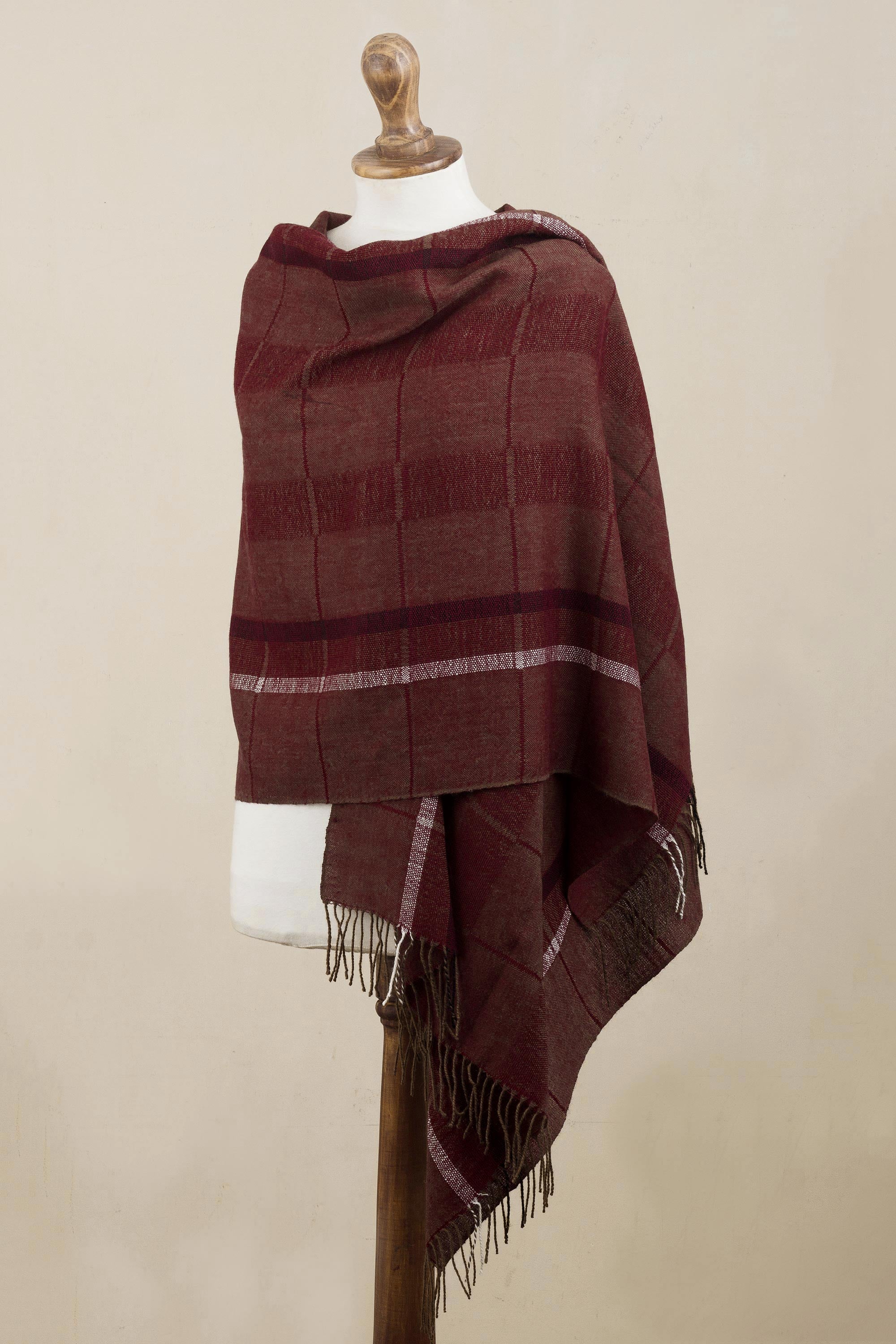 Premium Burgundy & Brown Baby Alpaca Shawl - Handwoven Luxury