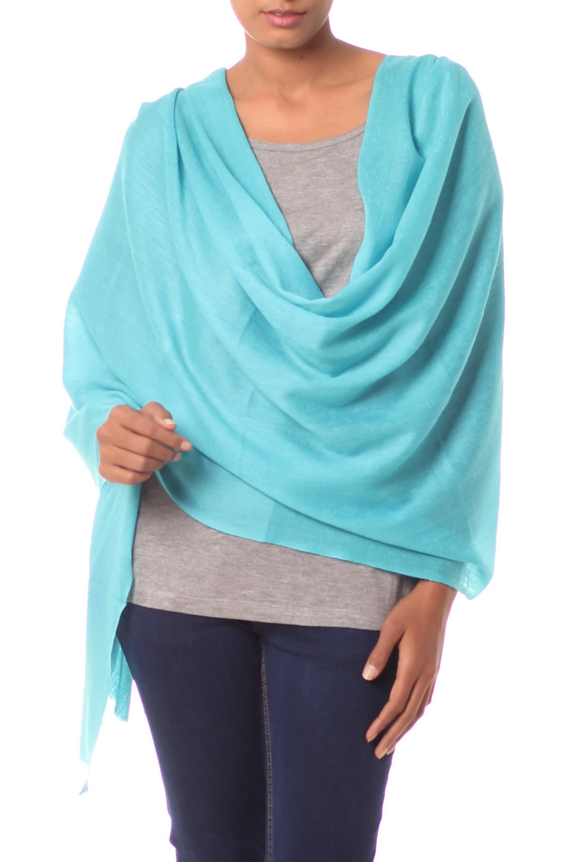 Premium Sky Blue Handwoven Wool Shawl - Indian Craftsmanship