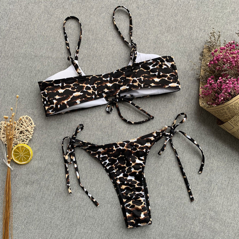 Premium Leopard Print Tie-Front Brazilian Bikini Set