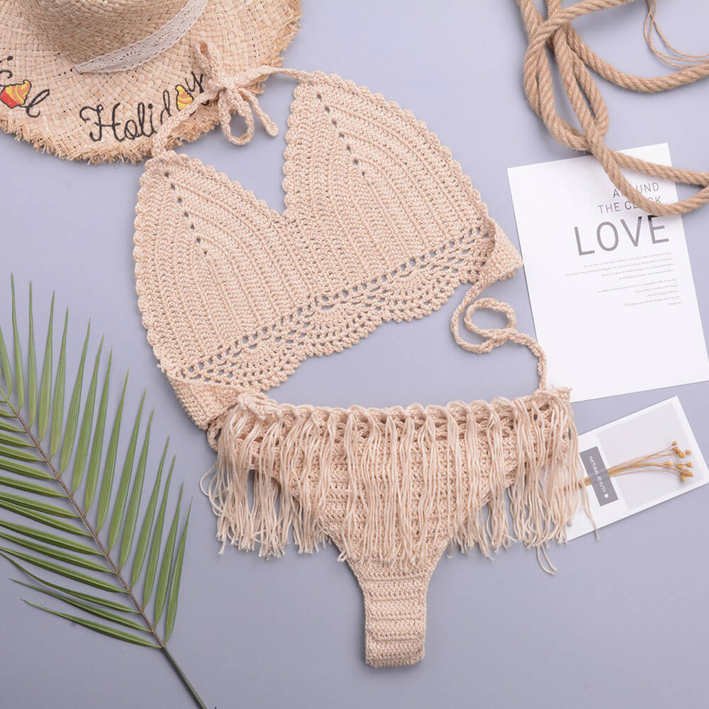 Premium Crochet Knit Bikini Set with Tassel Trim - Chic Halter Triangle Design