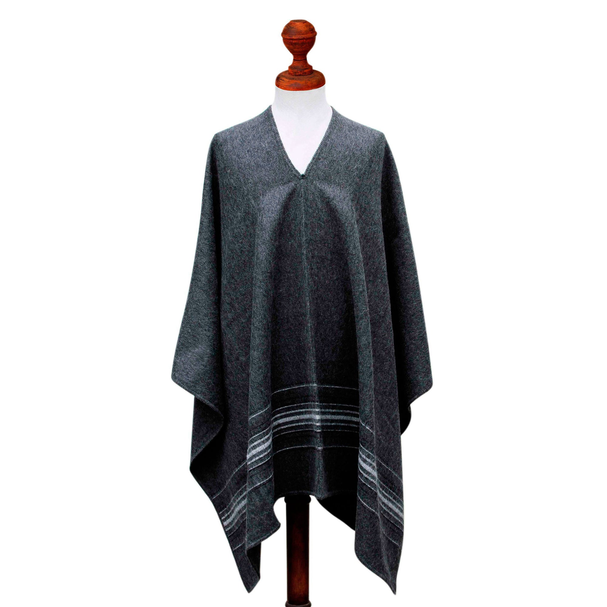 Premium Gray Nazca Striped Alpaca Poncho for Men - Ultimate Warmth & Style