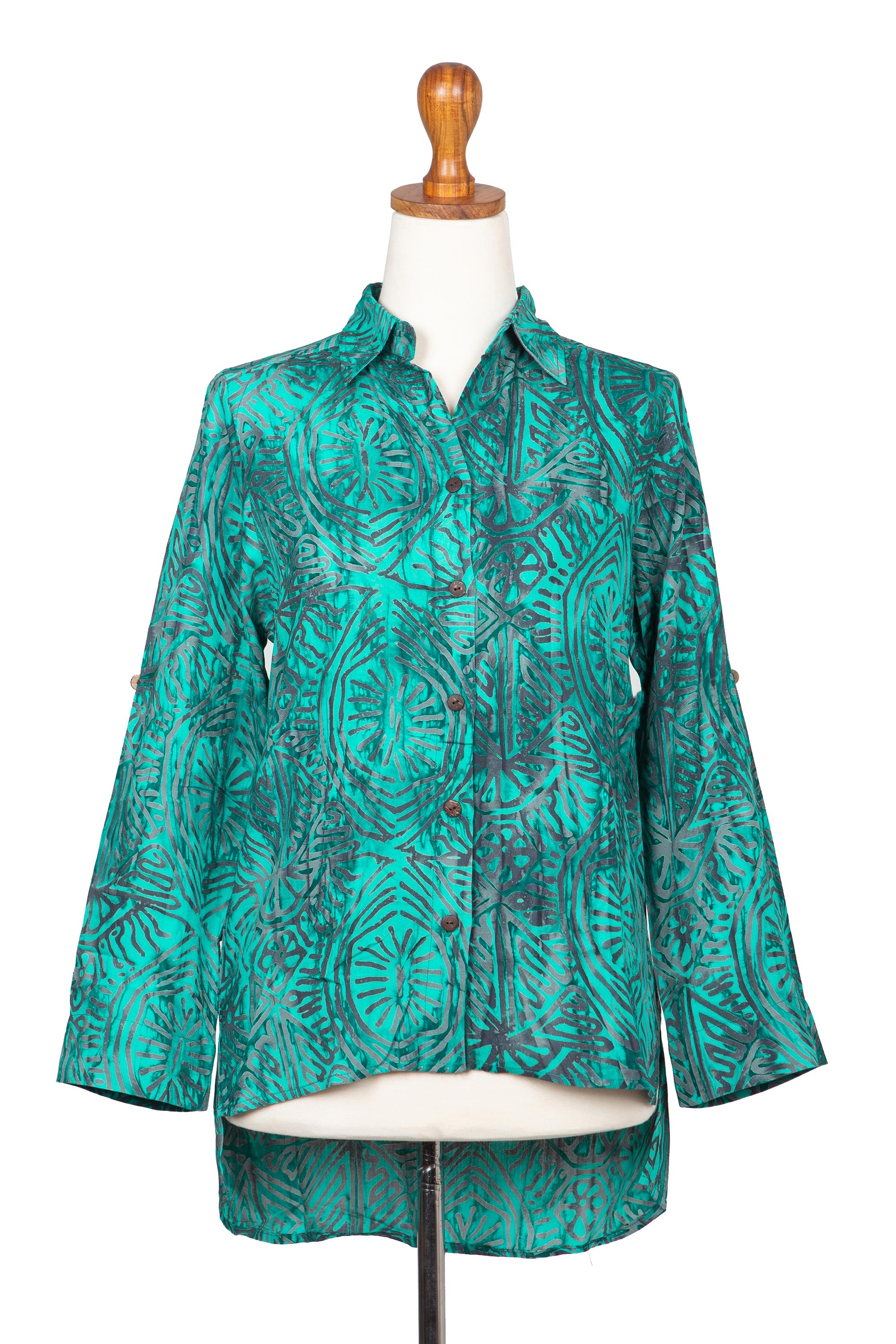 Premium Handcrafted Green-Blue Batik Rayon Blouse - Eco-Friendly Elegance