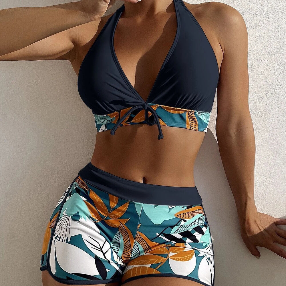 Premium Tropical High Waist Bikini Set - Halter & Boy Short Style