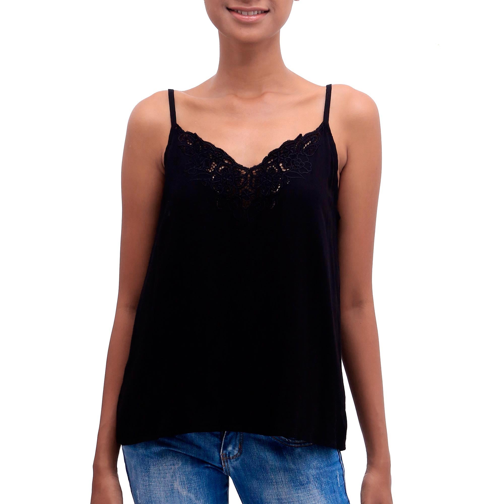 Premium Onyx Kerawang Floral Embroidered Rayon Tank Top - Handcrafted in Bali