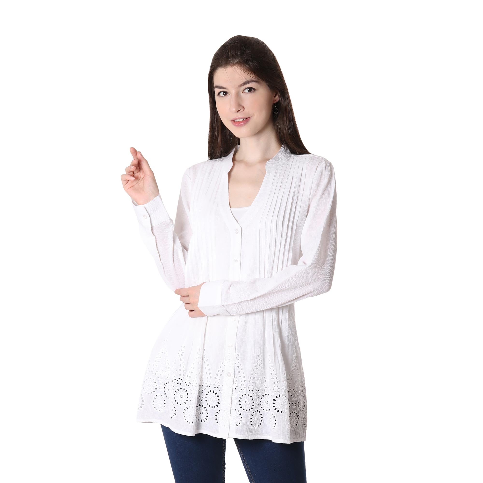 Premium Hakoba White Eyelet Cotton Blouse - Elegant Indian Design