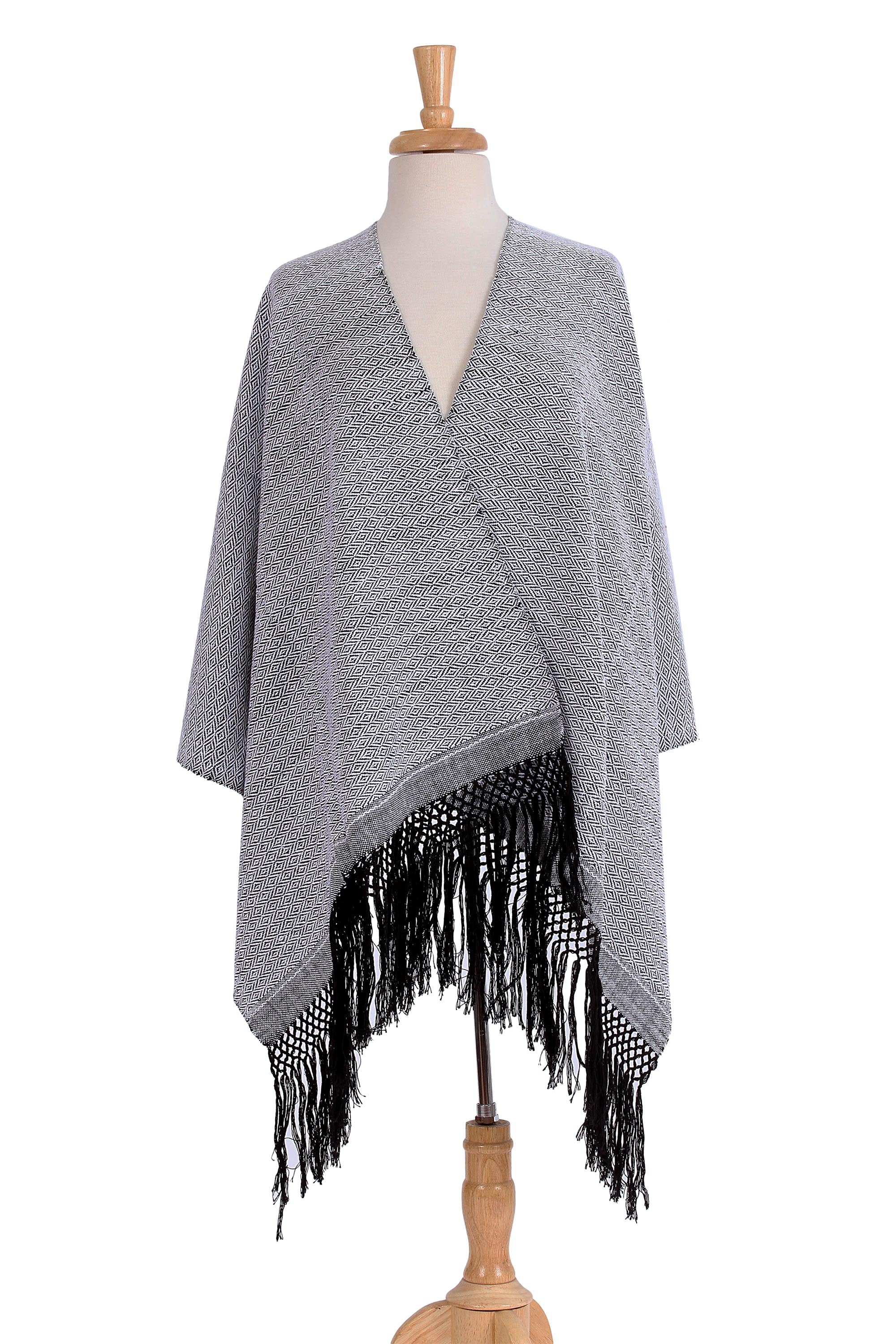 Premium Handwoven Zapotec Cotton Rebozo Shawl - White & Black Striped Diamonds