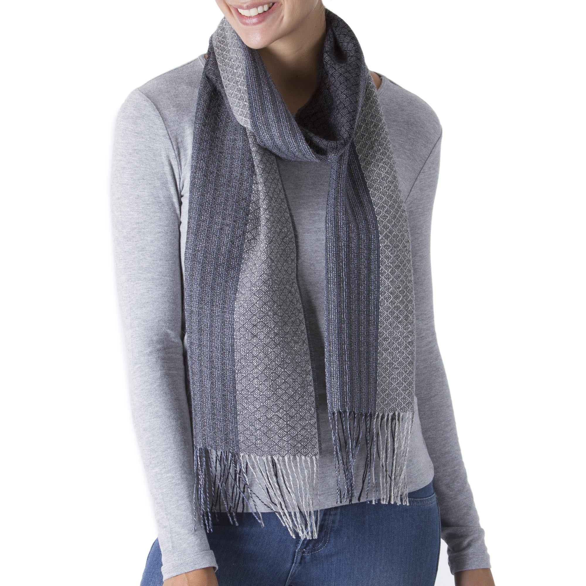 Premium Hand-Woven Baby Alpaca Silk Blend Scarf - Soft Grey with Stripes