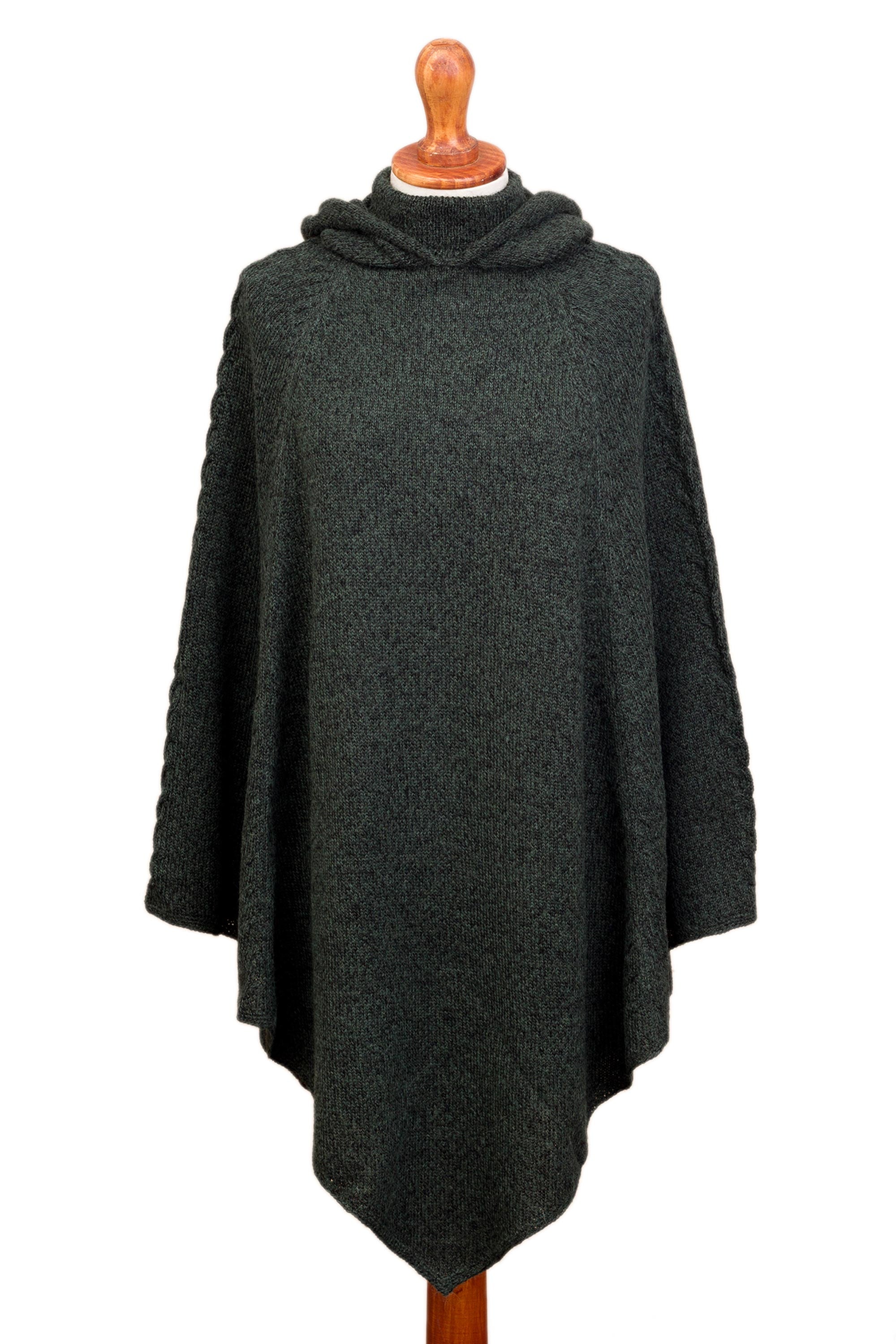 Premium Moss Knit Alpaca Blend Hooded Poncho – Handcrafted in Peru