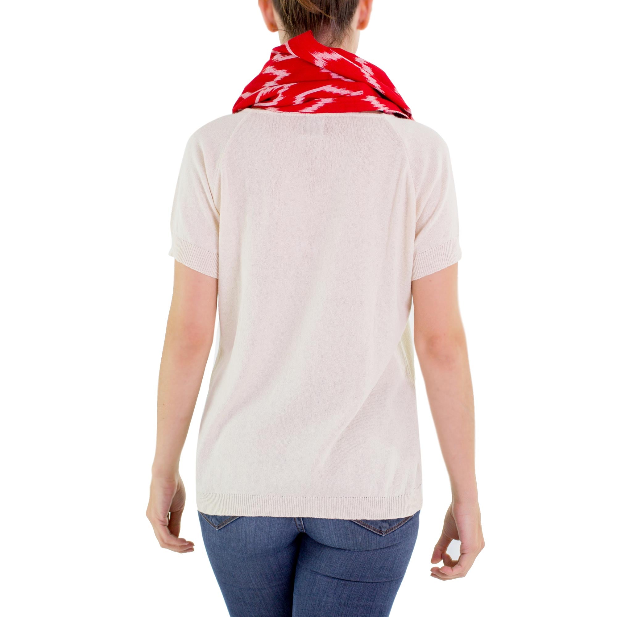 Premium Ruby Maya Infinity Scarf - Handwoven Cotton with Modern Red & White Jaspe Pattern