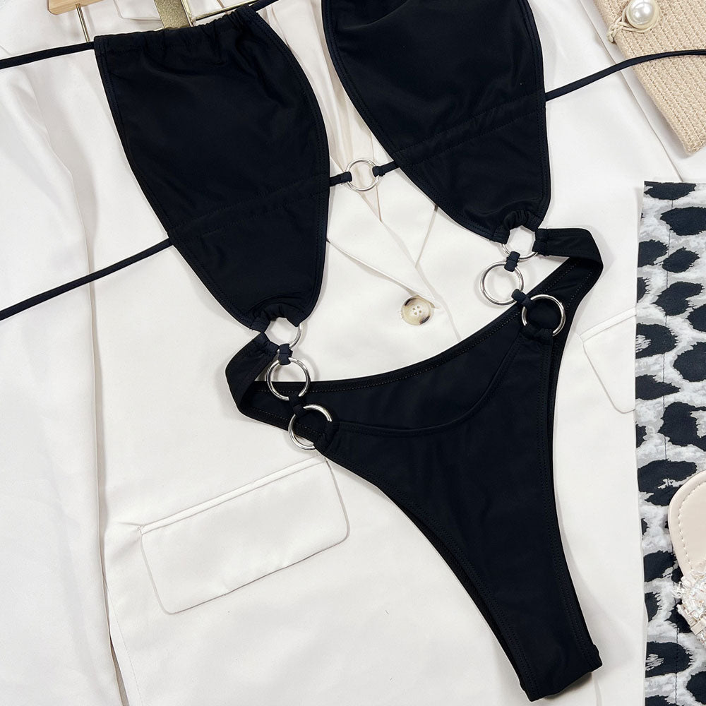 Ultimate High-Cut One-Piece Swimsuit with Metallic Rings & Adjustable Fit