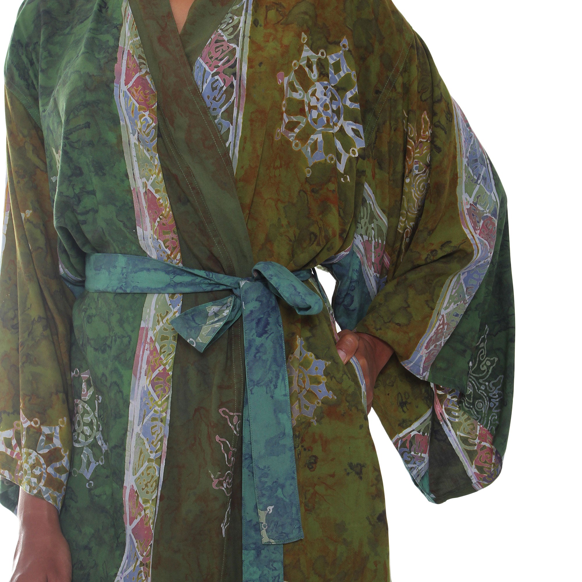 Premium Handmade Batik Women's Robe in Emerald Hues - Bali Inspired