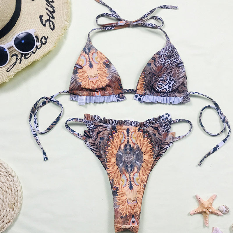 Premium Leopard Print Brazilian Bikini Set with Ruffles & Sarong