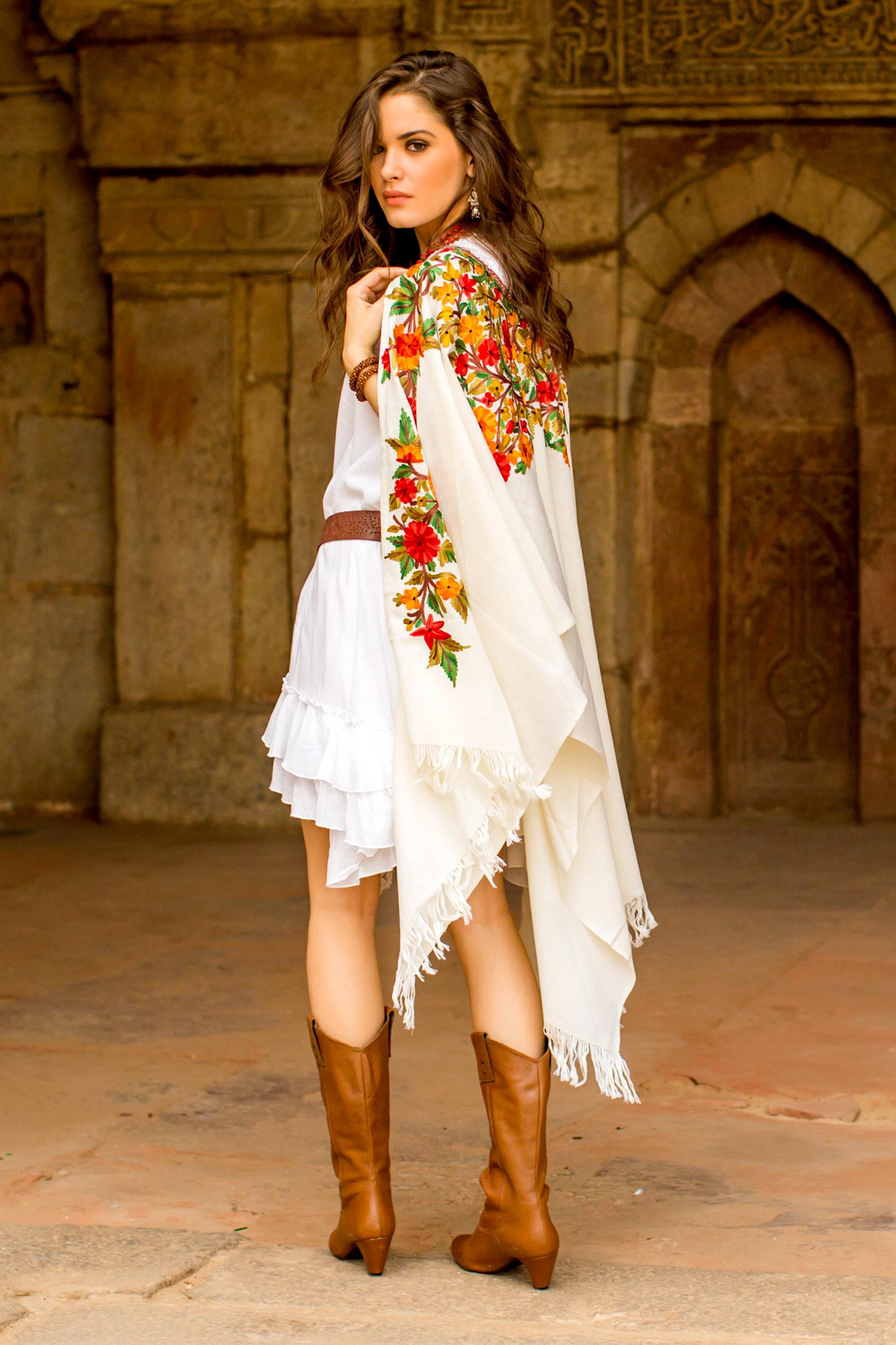 Premium White Wool Cape with Exquisite Chain Stitch Floral Embroidery