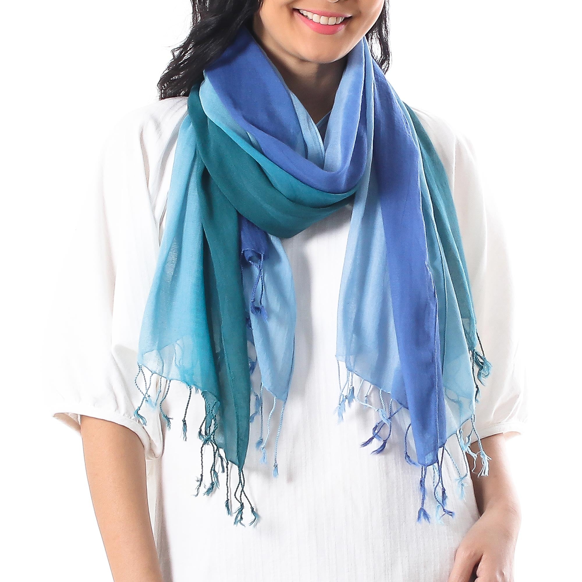 Premium Handwoven Cotton Wrap Scarves – Blue Ombre Duo from Thailand