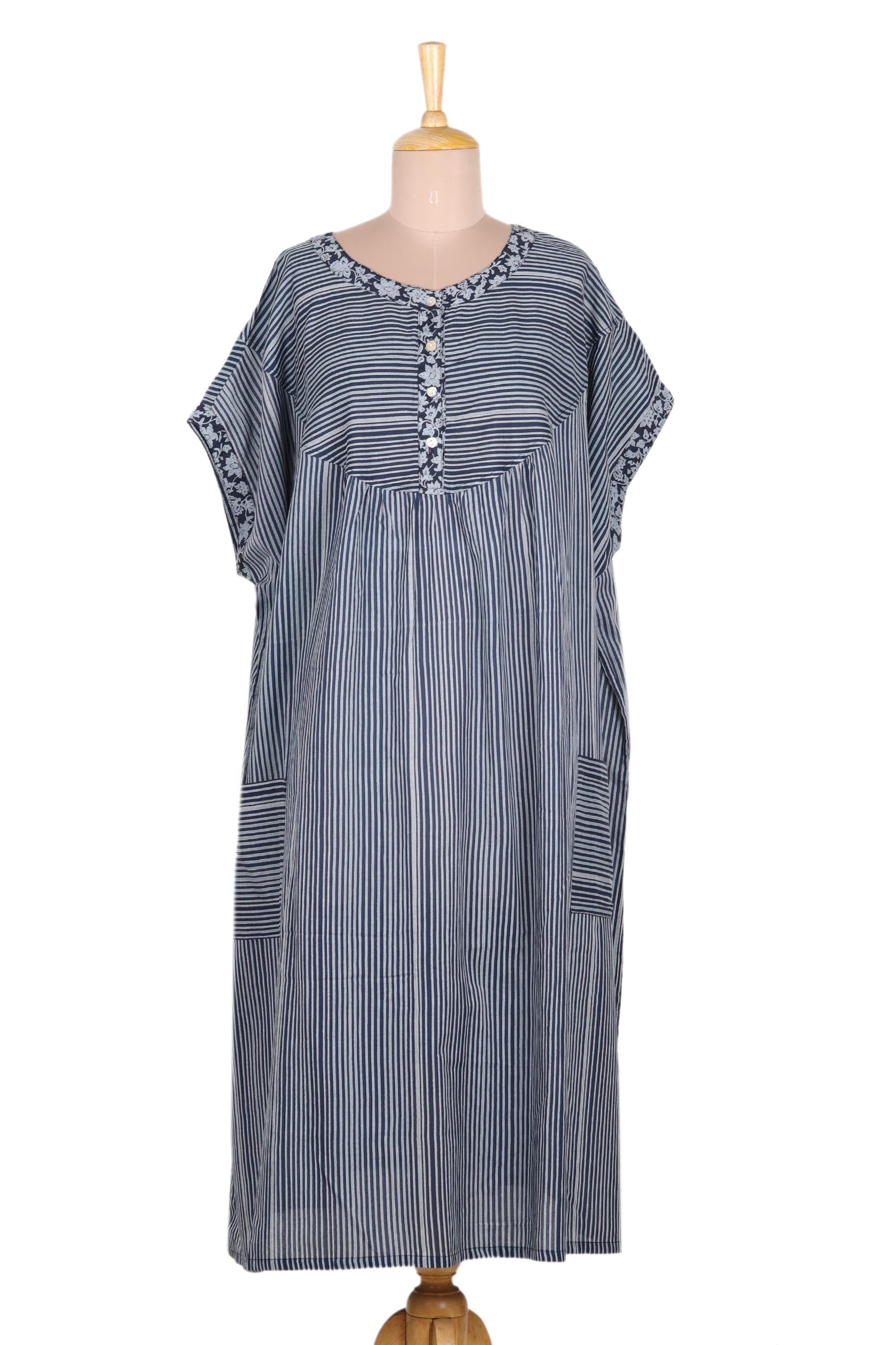 Premium Striped & Floral Cotton Caftan Dress - Dark & Light Blue