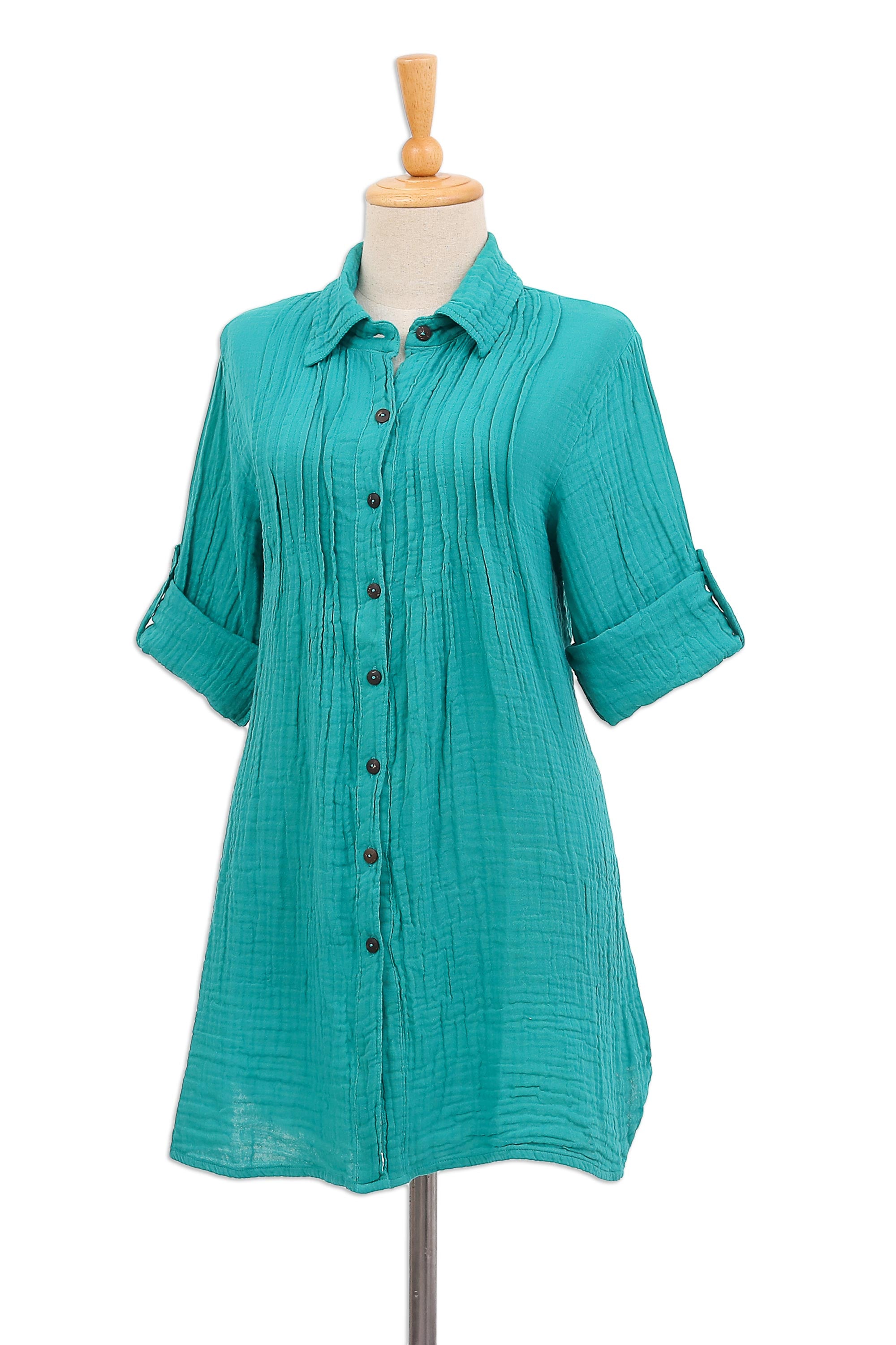 Premium Turquoise Pintucks Button-Up Shirt – Handcrafted Cotton Gauze