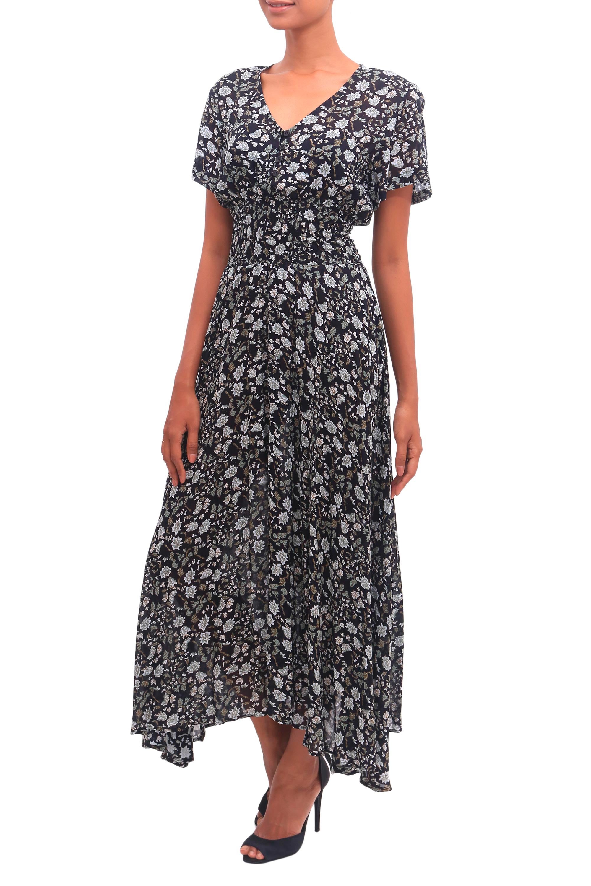 Premium Bali Garden Rayon Dress - White & Olive Floral on Black