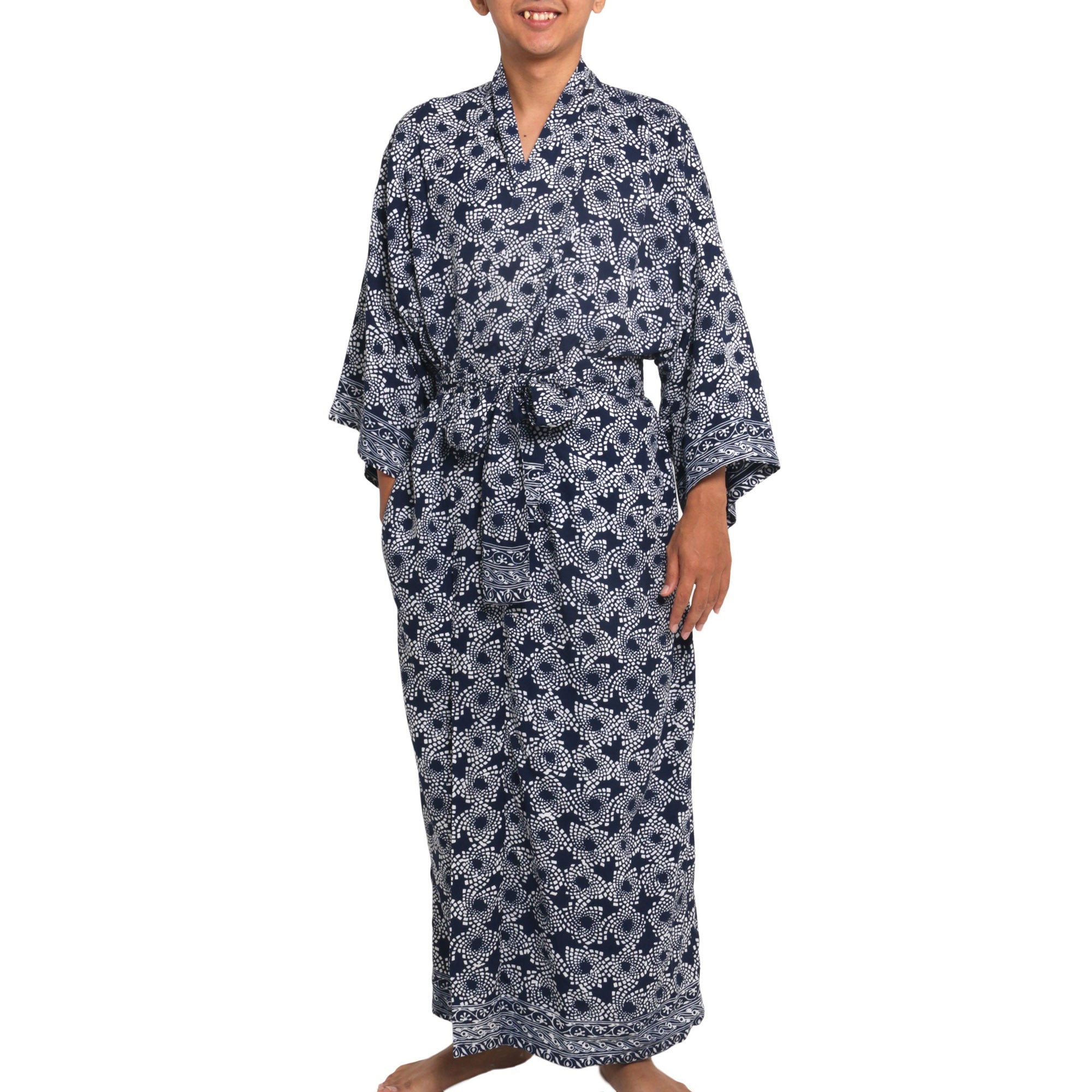 Premium Navy Blue Nebula Men's Batik Robe - Handmade Artistry