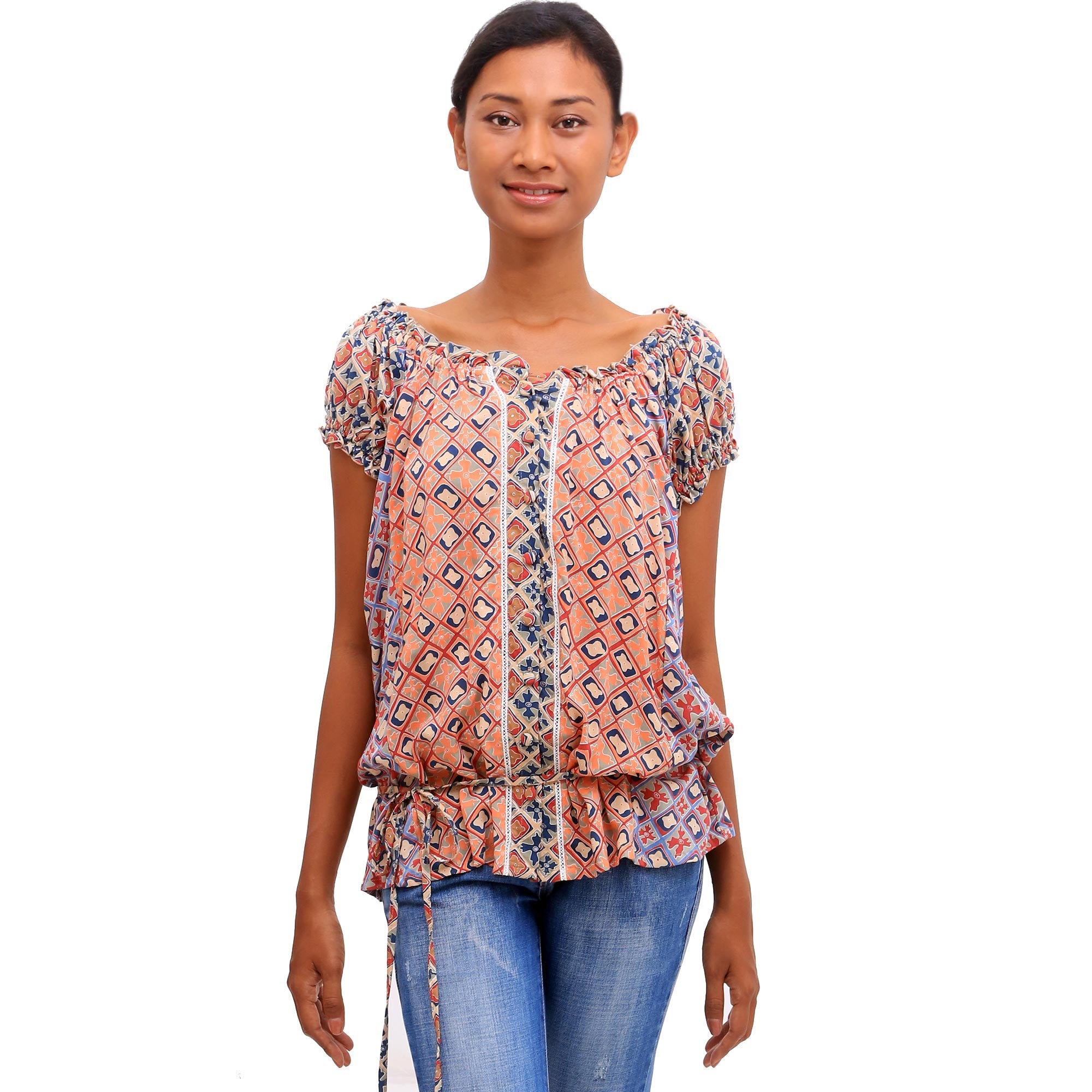 Premium Bali Crisscross Off-The-Shoulder Blouse | Chili & Azure Rayon Design