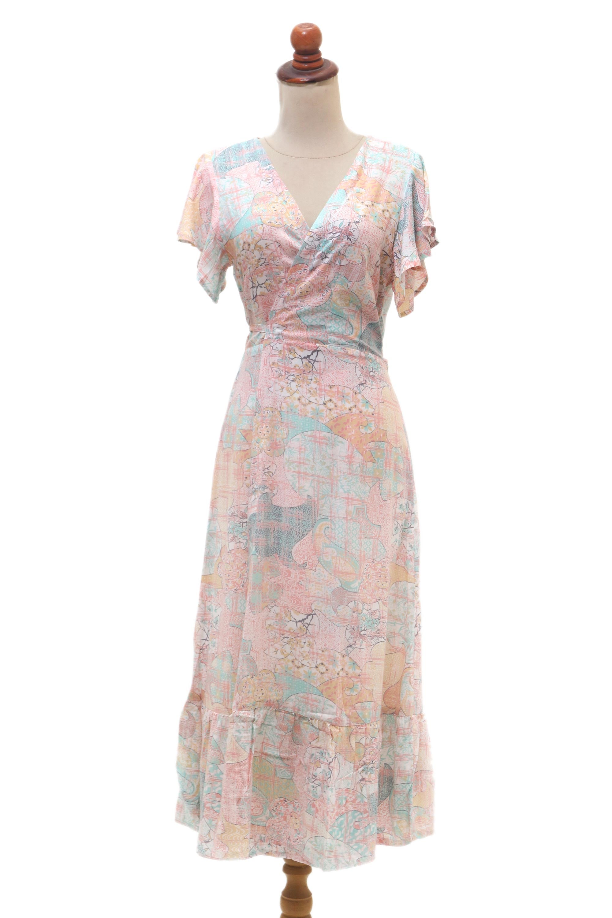 Premium Sekar Jagad Butterfly Sleeve Wrap Dress - Pink & Aqua