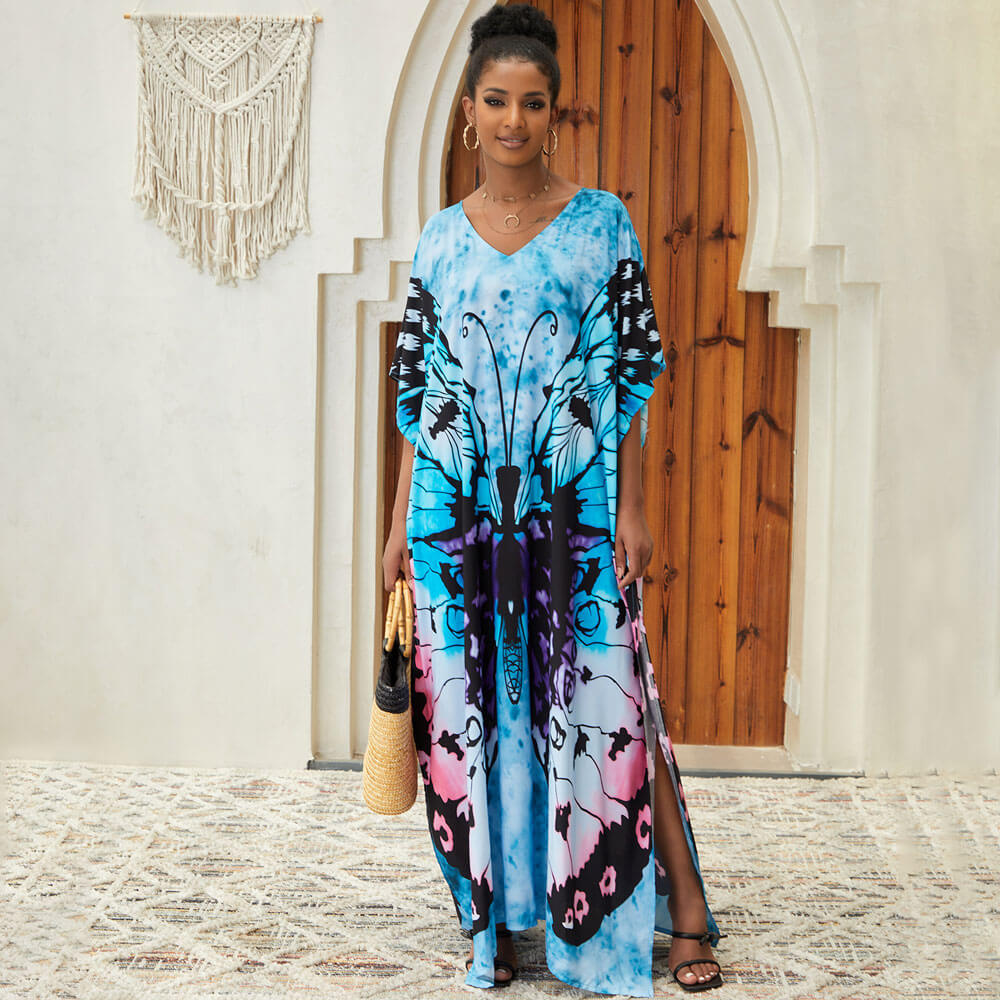 Premium Butterfly Print Brazilian Caftan Maxi Dress - Ultimate Vacation Essential