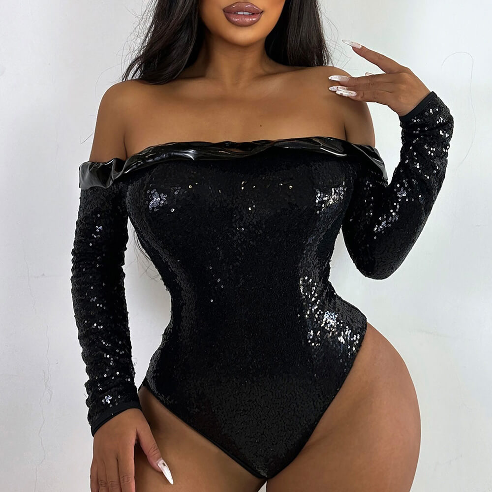 Ultimate Sparkle Sequin Sleeve Faux Leather Off-Shoulder One-Piece Swimsuit