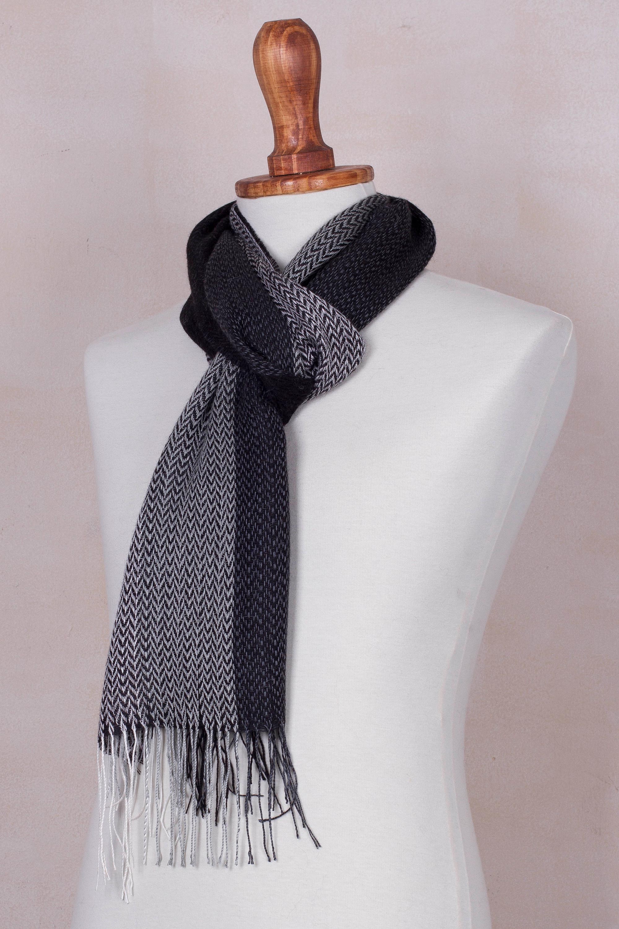 Premium Handwoven Baby Alpaca Blend Scarf – Black & Grey Herringbone Design from Peru