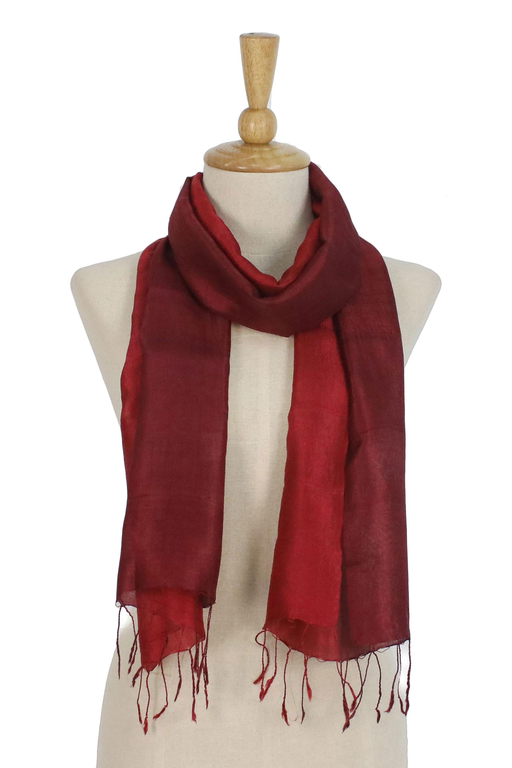 Premium Ruby Red Handwoven Silk Scarf with Elegant Fringe