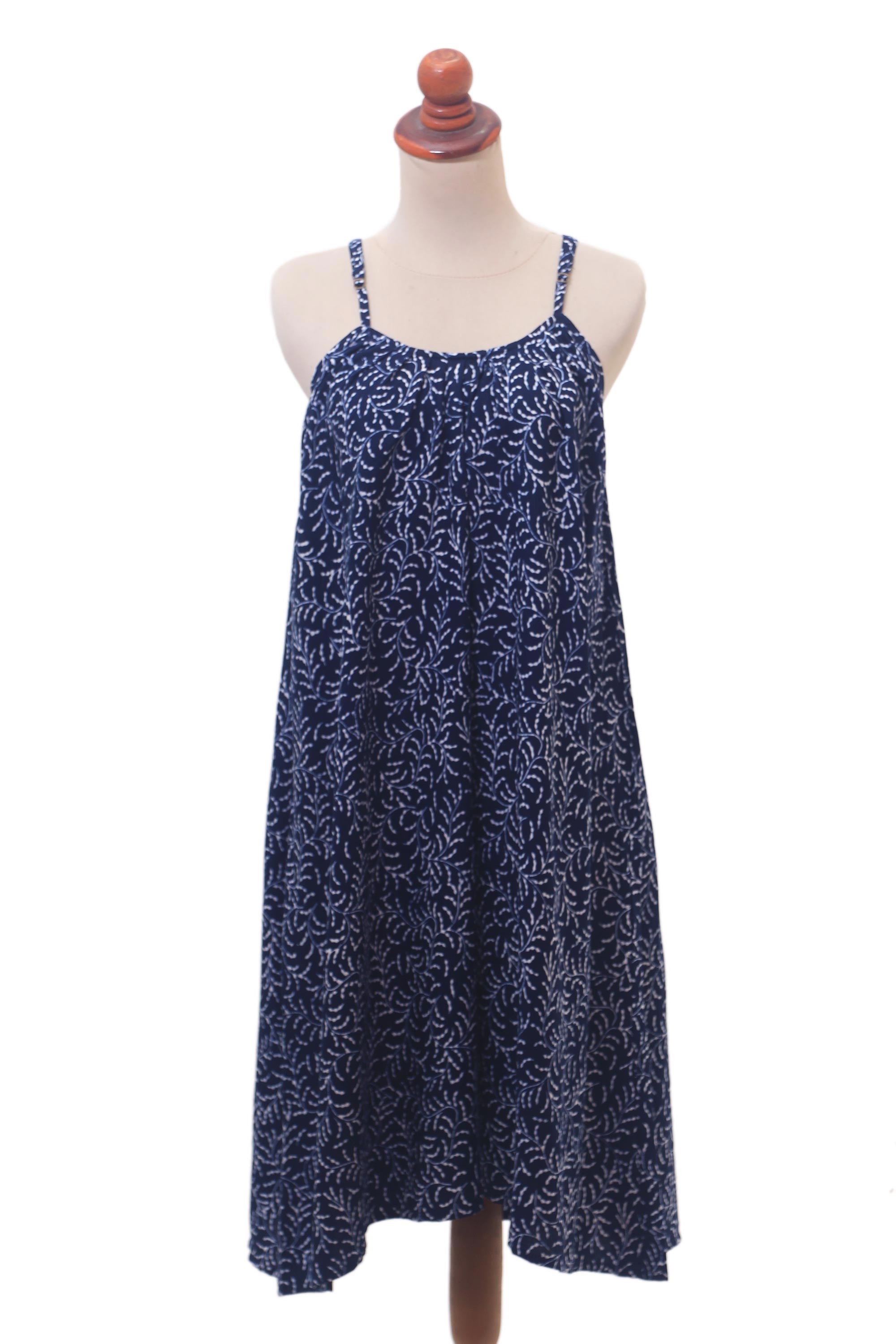 Premium Many Leaves Batik Rayon Sundress - Midnight & White by Bali Artisans