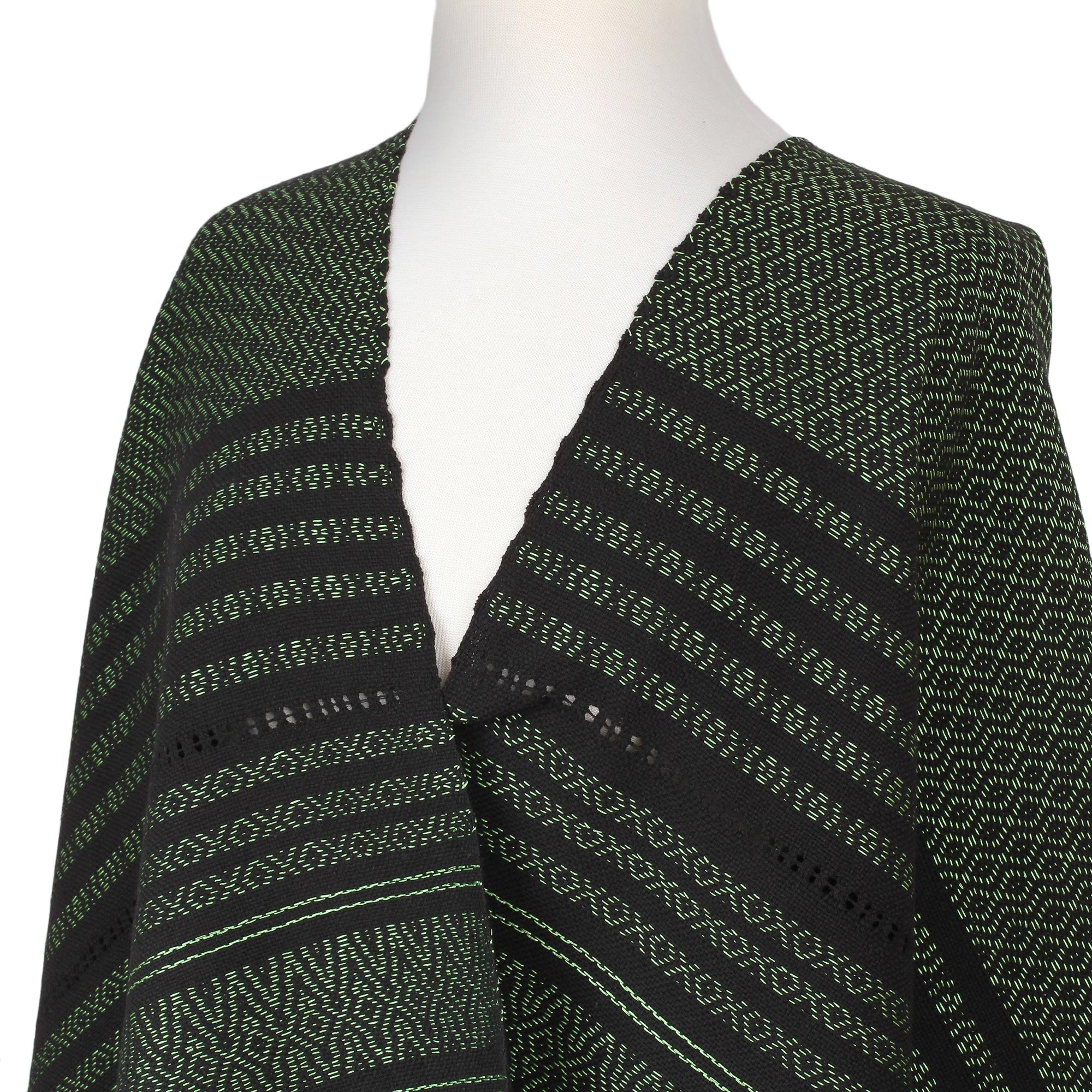 Premium Handwoven Mexican Rebozo Shawl - Evening Drama Green on Black