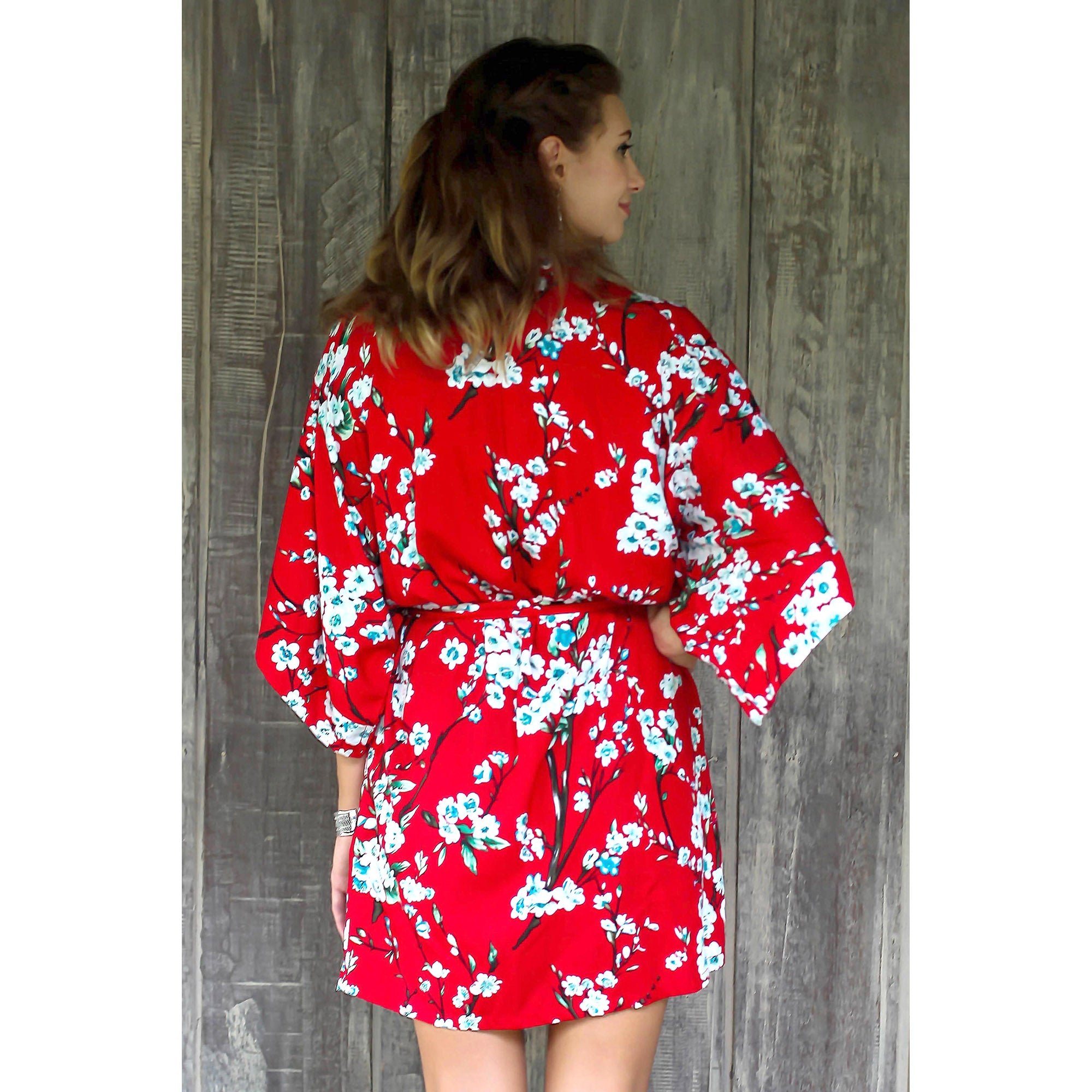 Premium Holy Jasmine Floral Robe - Caribbean Blue & Candy Apple Red