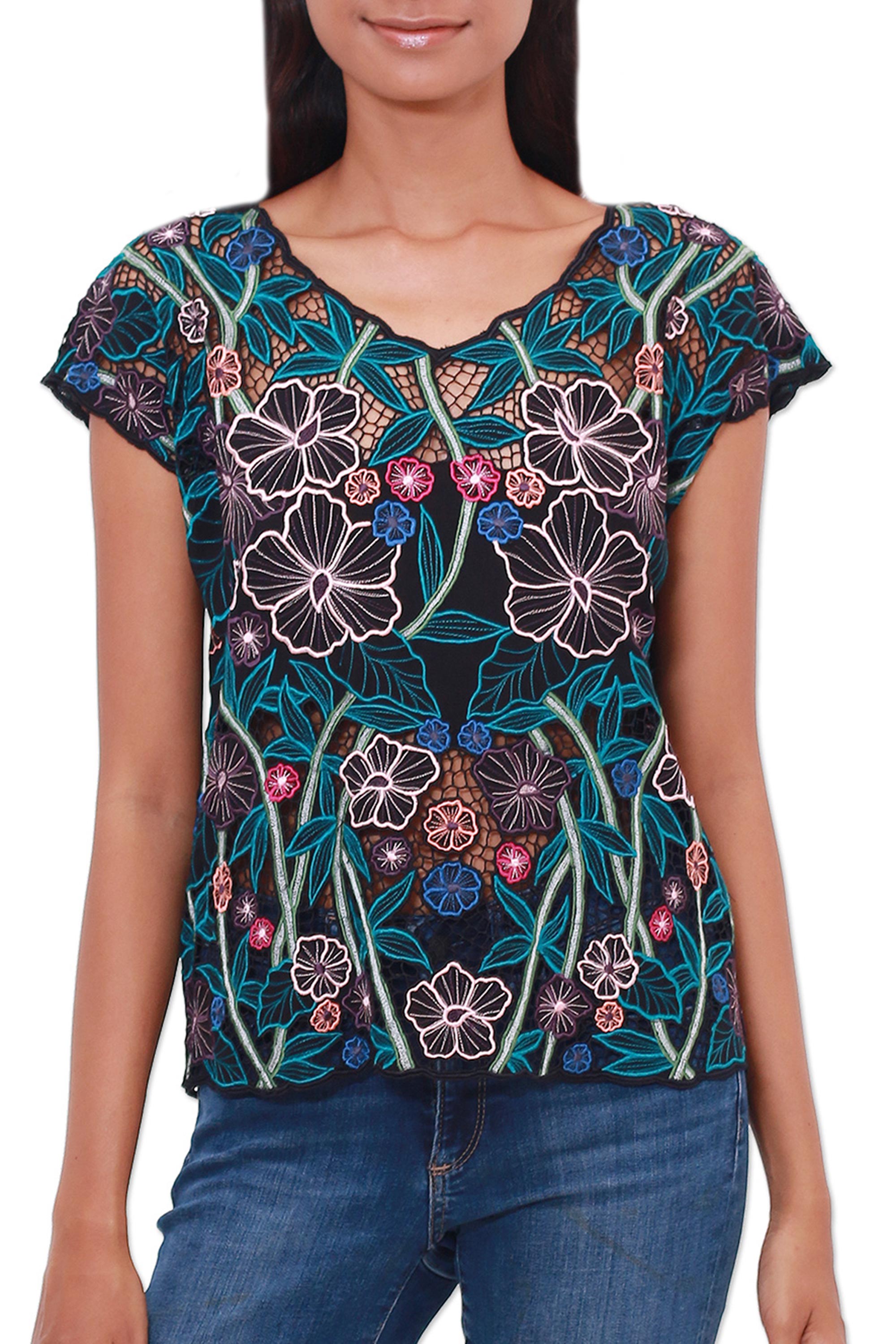 Premium Hand-Embroidered Rayon Blouse – Bali Floral Elegance