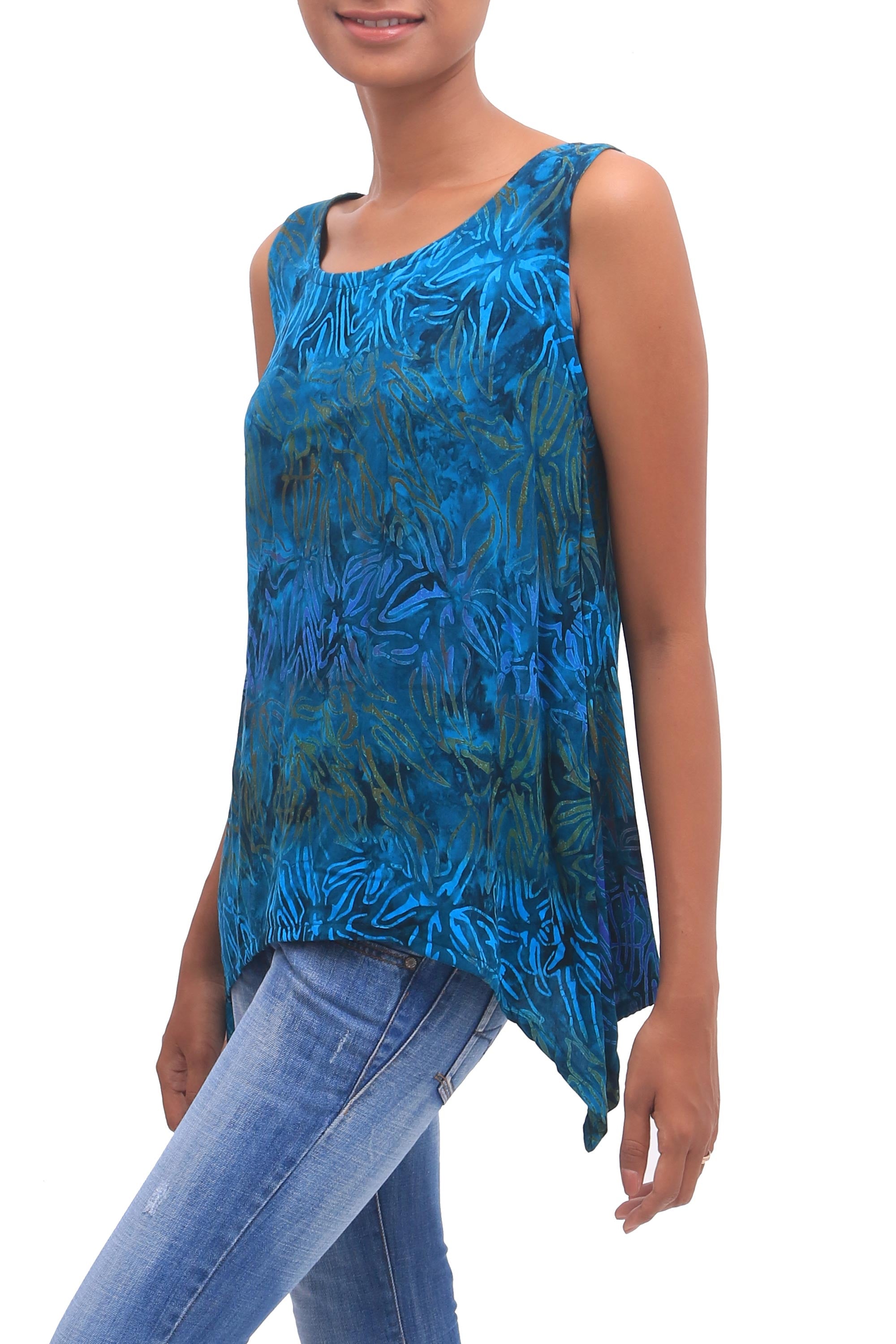 Premium Kenanga Sleeveless Rayon Tank Top - Teal Floral Print