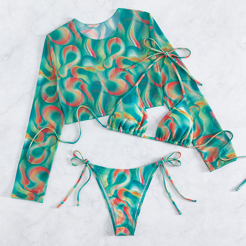 Premium Abstract Wave Print Brazilian Bikini Set with Mesh Cover-Up