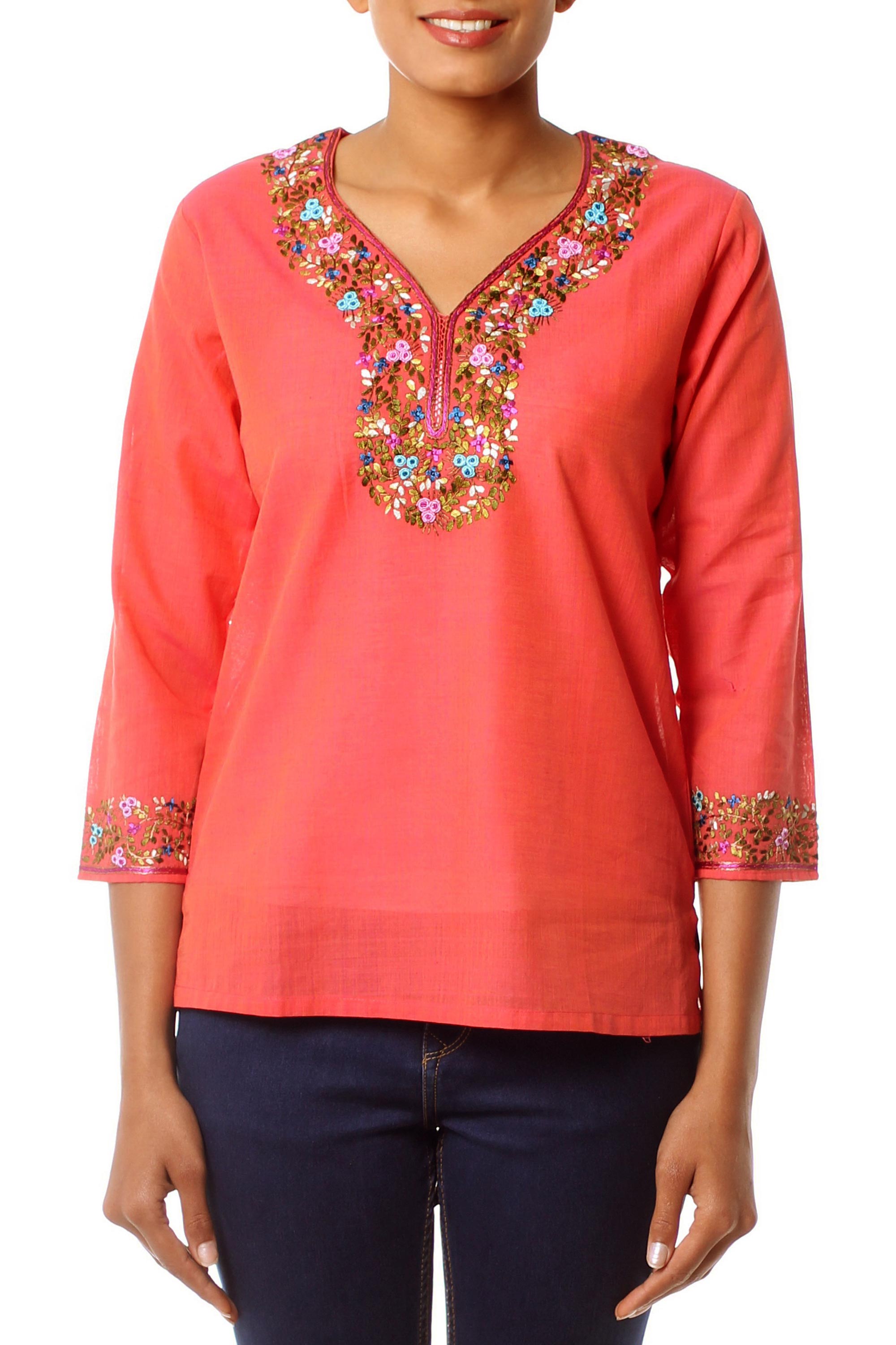 Premium Handcrafted Tangerine Floral Cotton Blouse - Ultimate Style & Comfort