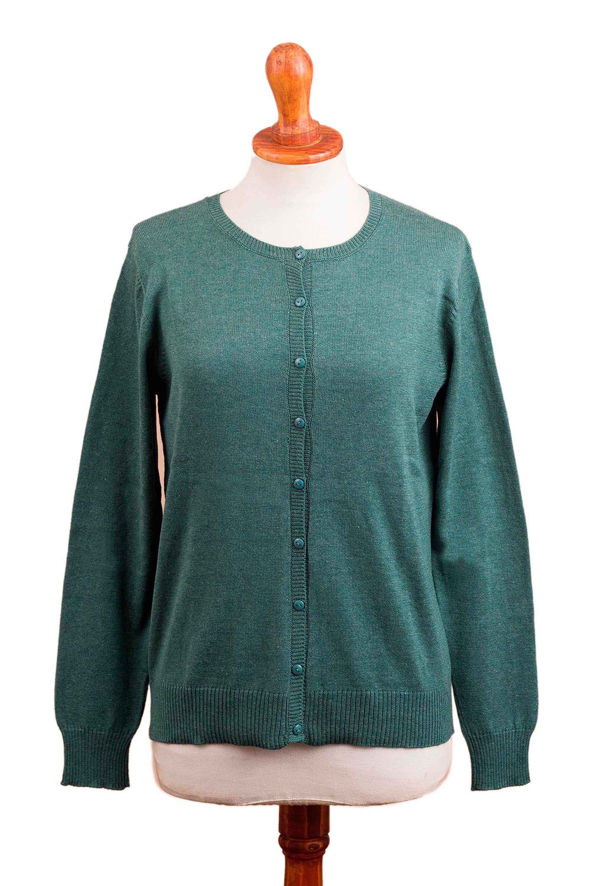 Premium Viridian Green Cotton Blend Cardigan - Handcrafted in Peru