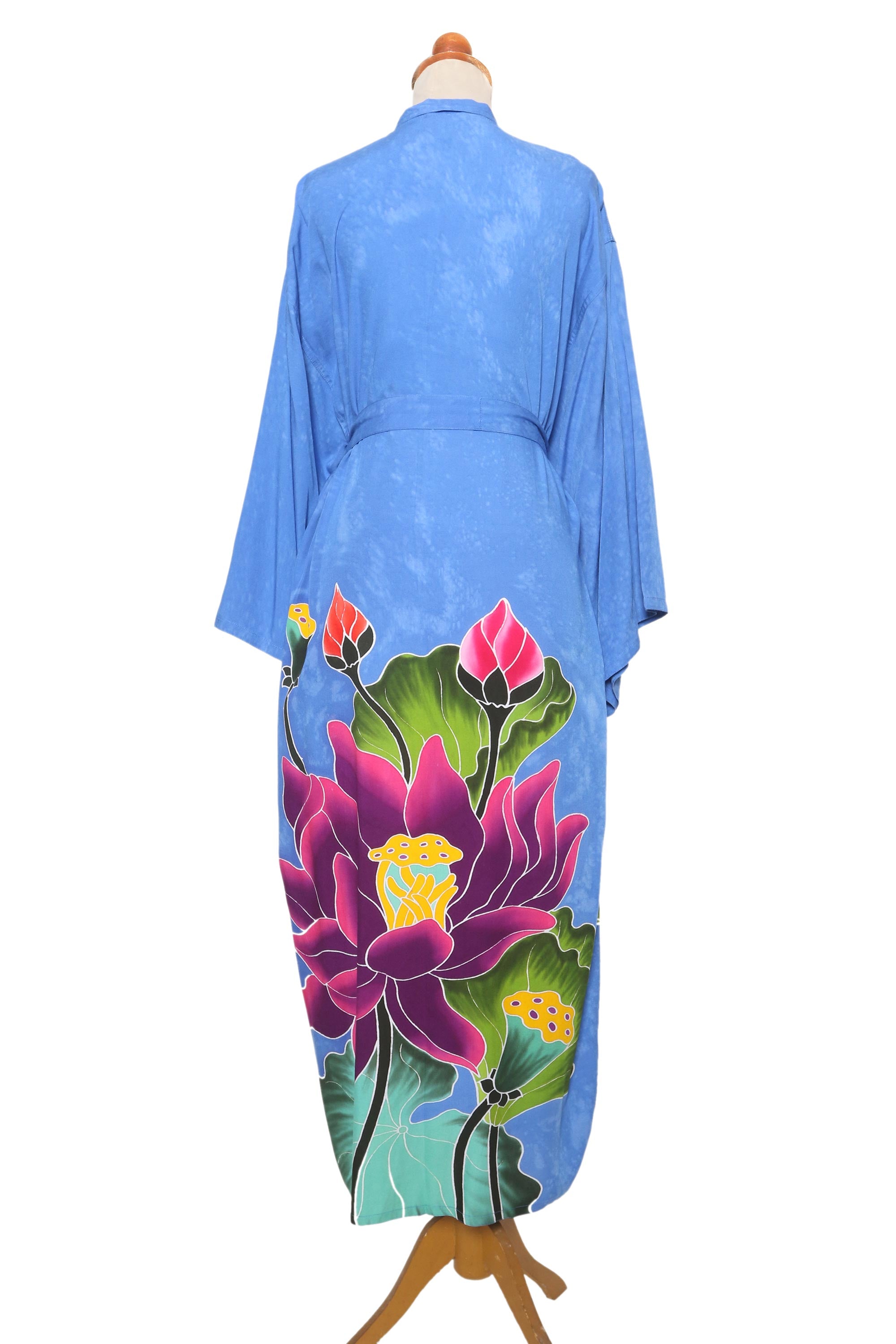 Premium Hand-Painted Floral Rayon Robe - Blue & Multicolor Lotus Design