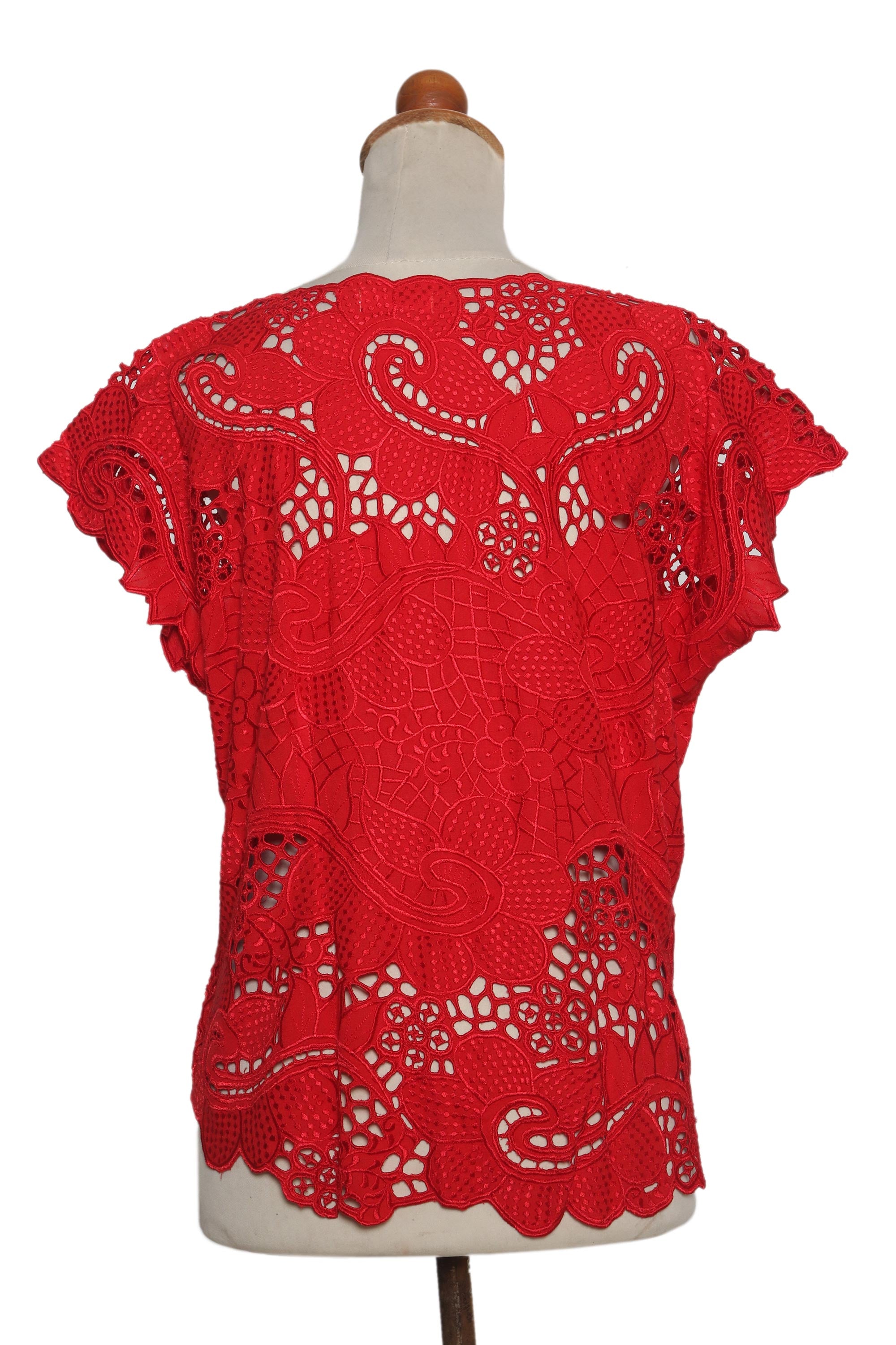 Premium Red Rose Mallow Rayon Top - Elegant Floral Openwork & Hand Embroidery