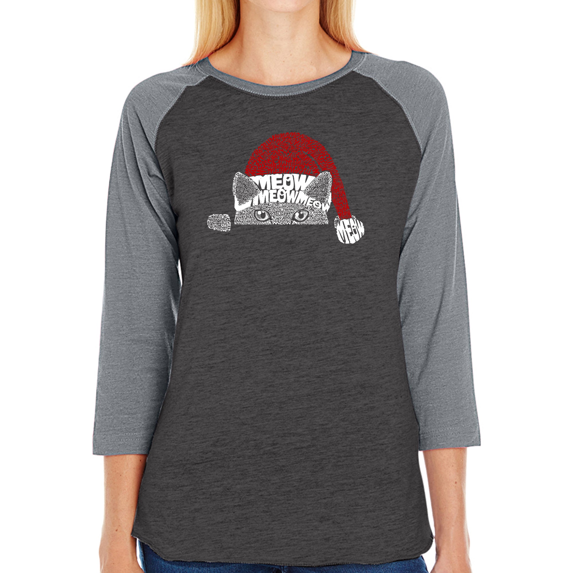 Premium Christmas Peeking Cat Women's Raglan Word Art T-Shirt - Ultimate Holiday Style