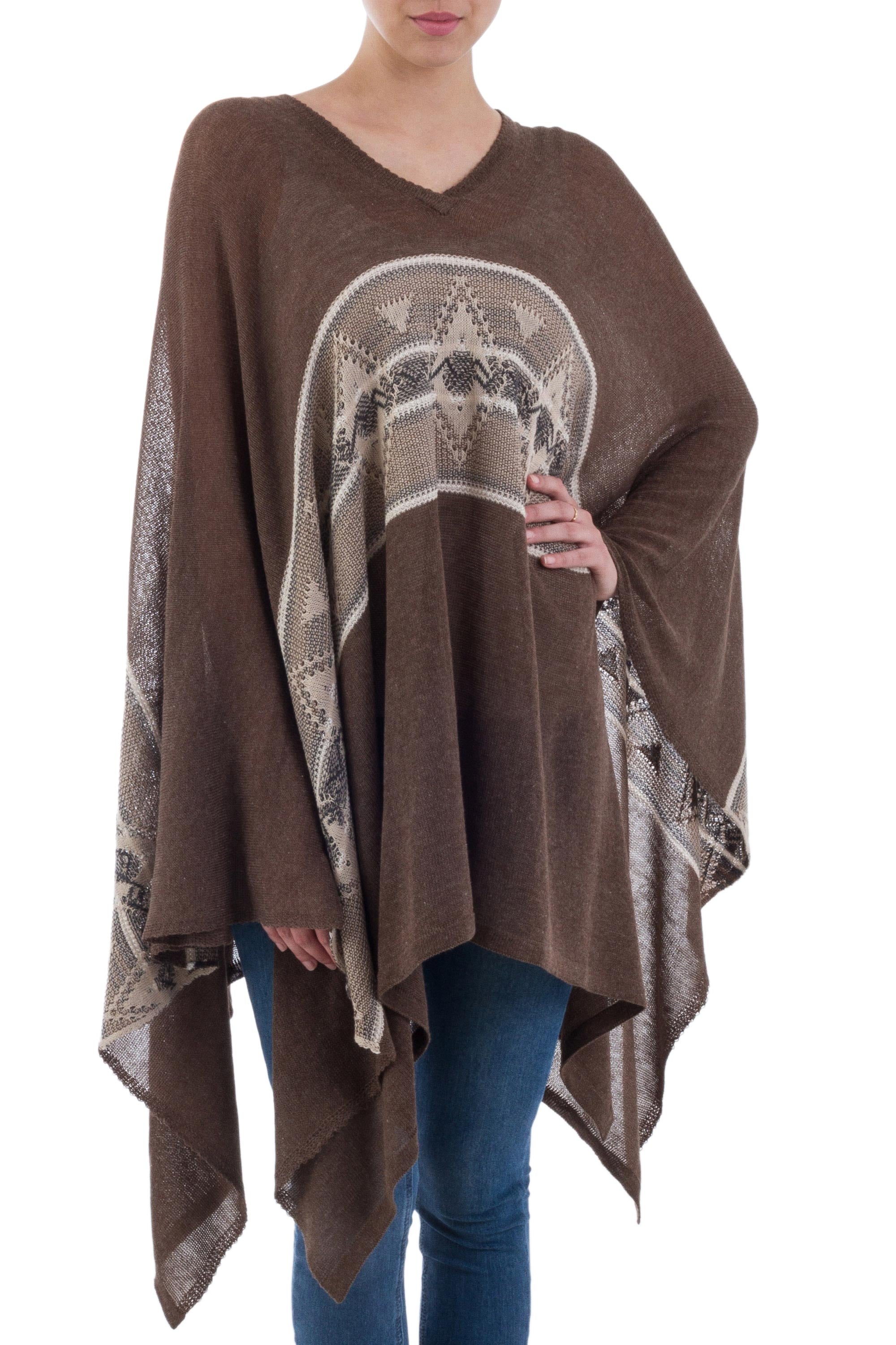 Premium Peruvian Woven Poncho - Dark Brown with Cream Stripe