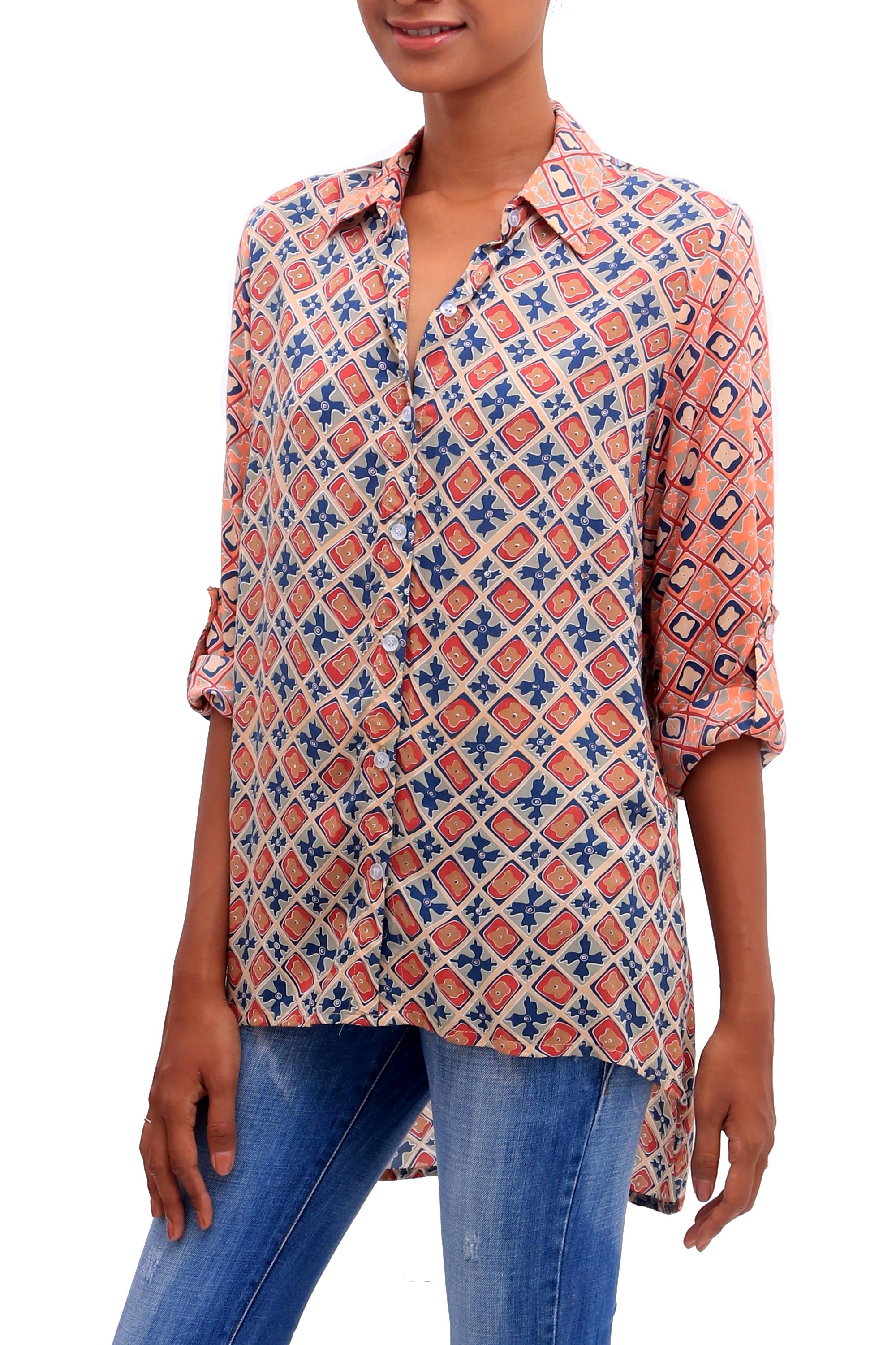 Premium Crisscross Chili & Azure Printed Rayon Tunic - Handcrafted in Bali