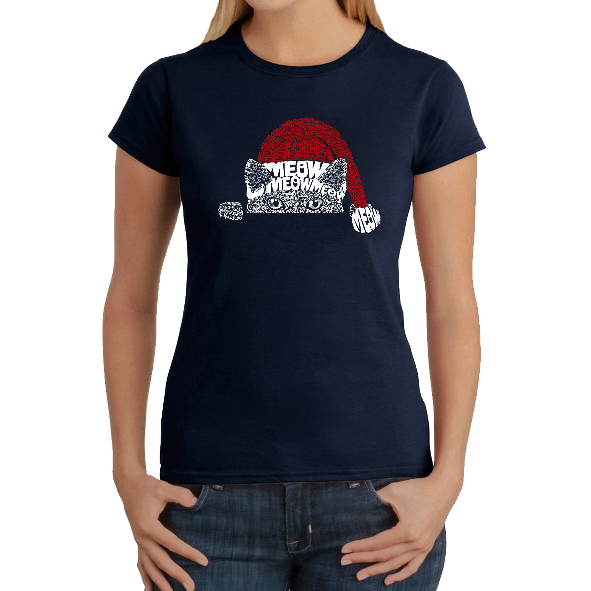 Premium Christmas Peeking Cat - Women's Festive Word Art T-Shirt