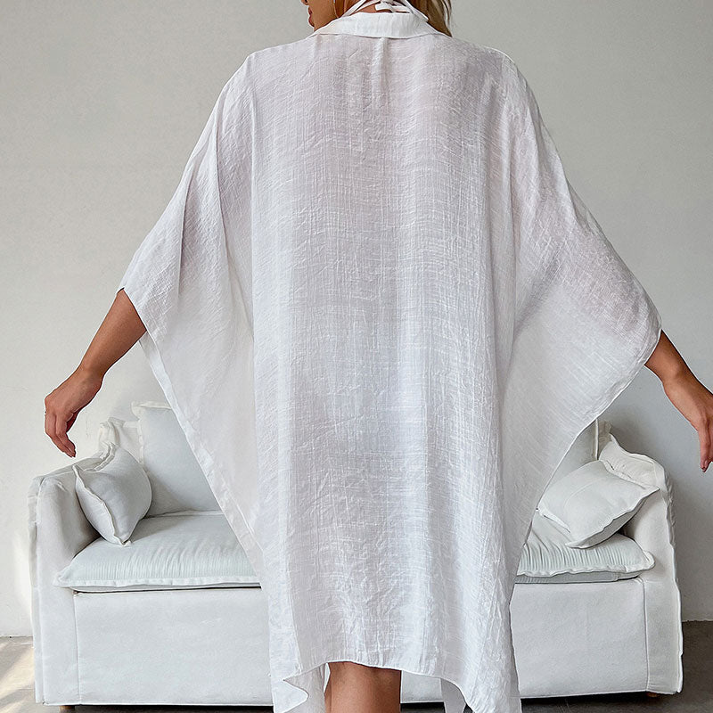 Premium Flowy Wide Sleeve Cotton Slub Beach Cover-Up Dress