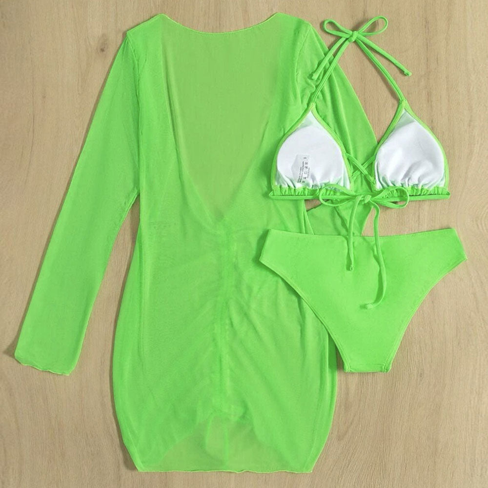 Premium Crossed Trim Slide Triangle Bikini Set with Beach Cover-Up